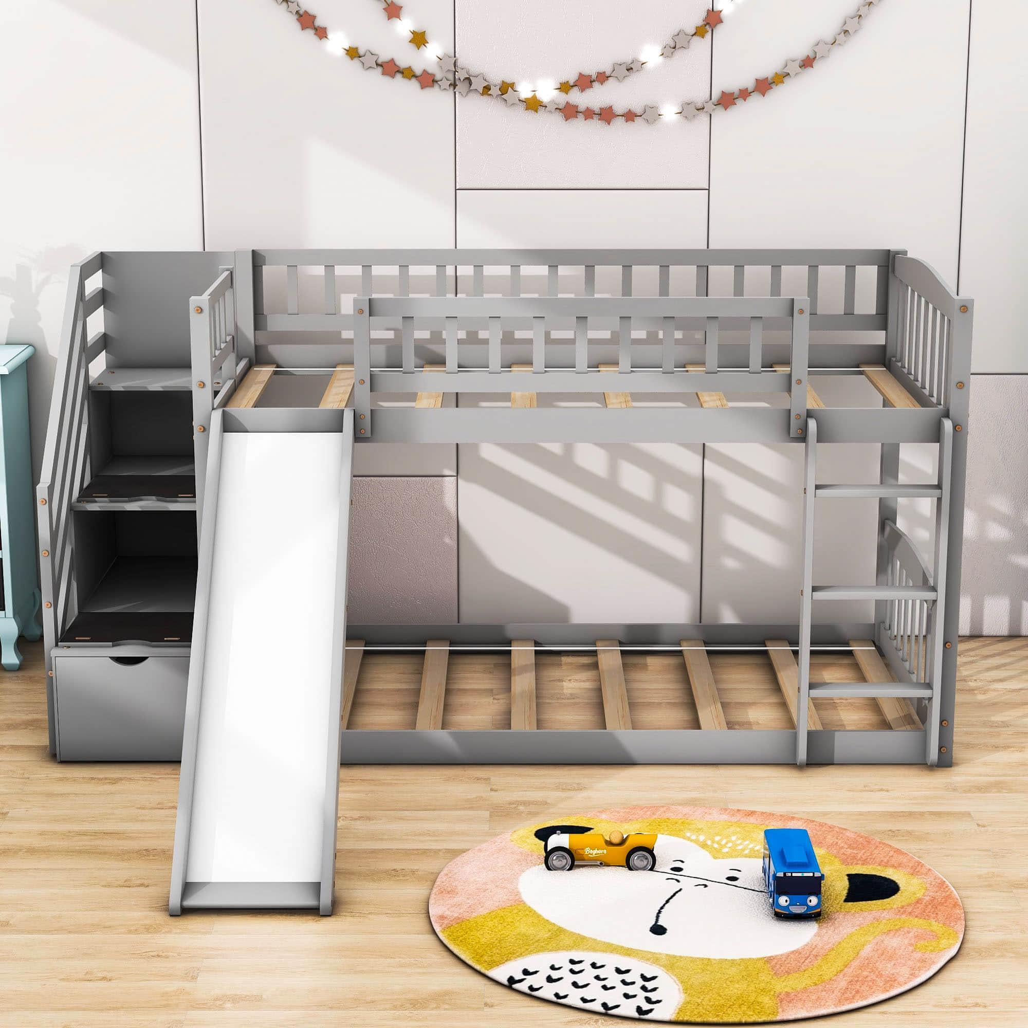 Twin Over Twin Bunk Beds with Slide and Stairs for Kids, Toddler - [Storage, Wood, Interchangeable]