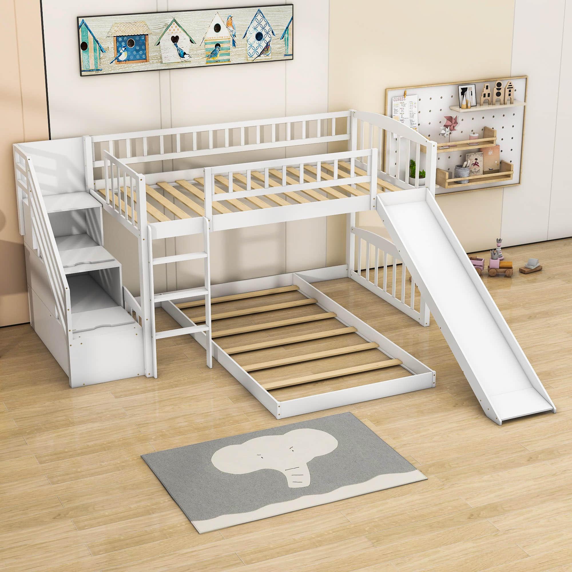 Twin Over Twin L-Shaped Floor Bunk Beds with Stairs and Slide for Kids