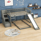 Twin Over Twin L-Shaped Floor Bunk Beds with Stairs and Slide for Kids