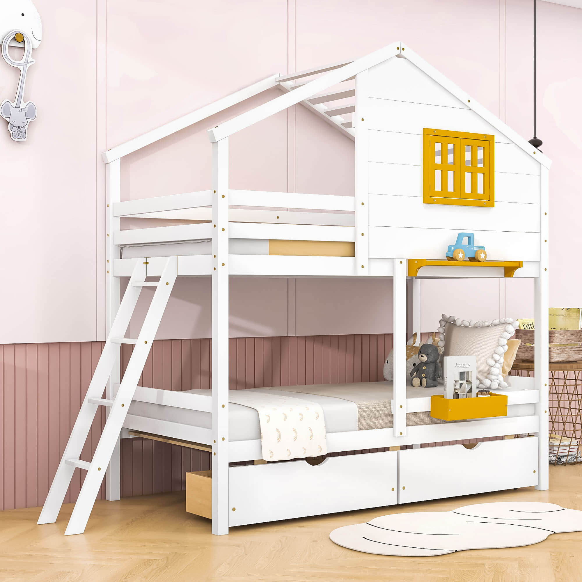 Wood Twin Over Twin Kids House Bunk Beds with Storage - [Drawers, Shelf]