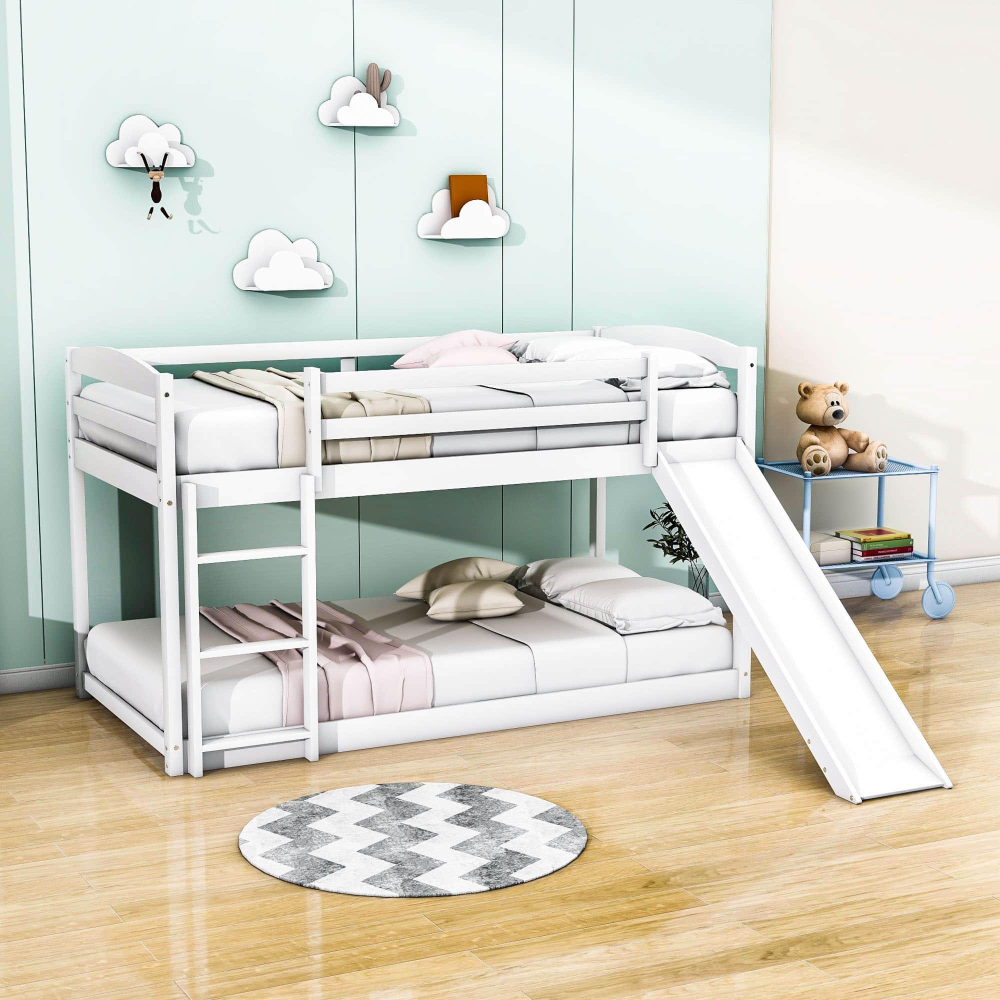 Low Twin Over Twin Bunk Bed with Slide for Kids, Toddler - Wooden, Floor, Interchangeable