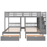 Wood Full Over Twin & Twin L-Shaped Triple Bunk Bed with Stairs and Drawers