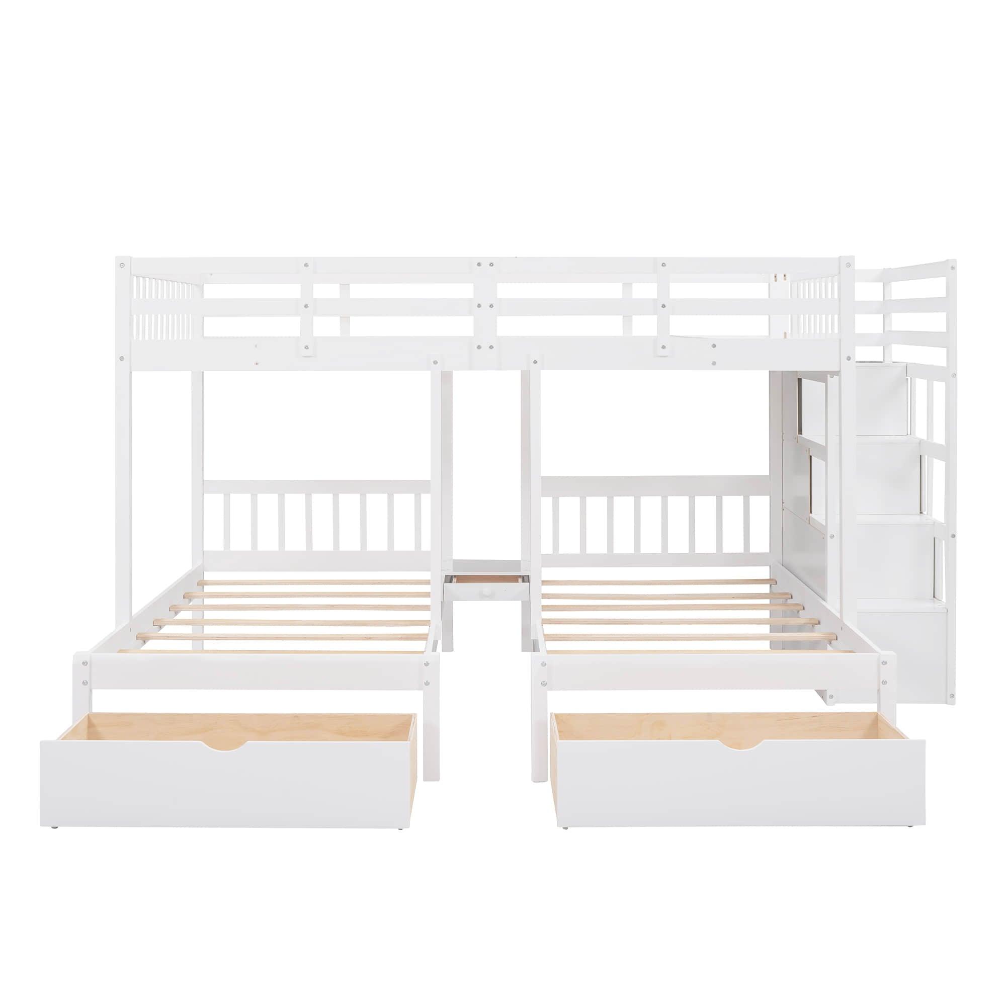 Wood Full Over Twin & Twin L-Shaped Triple Bunk Bed with Stairs and Drawers