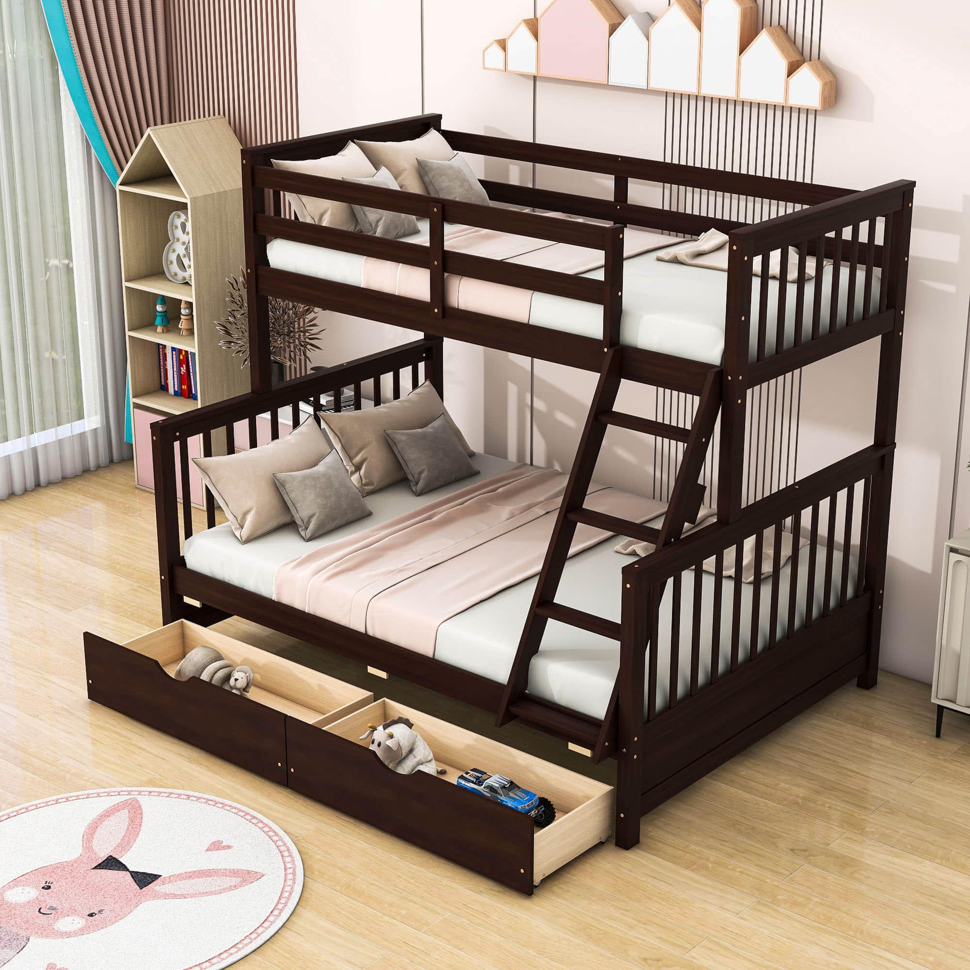 Wooden Classic Twin Over Full Bunk Bed with Ladder and Storage Drawers