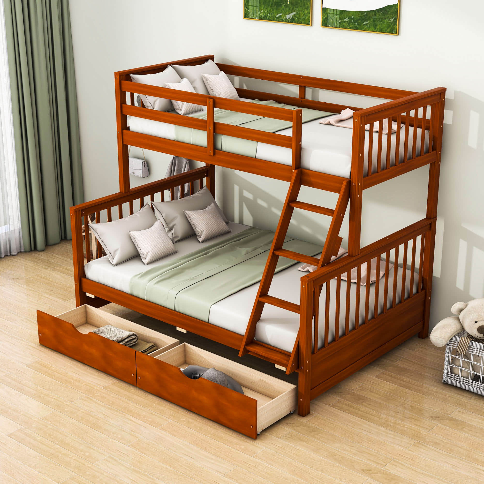 Wooden Classic Twin Over Full Bunk Bed with Ladder and Storage Drawers