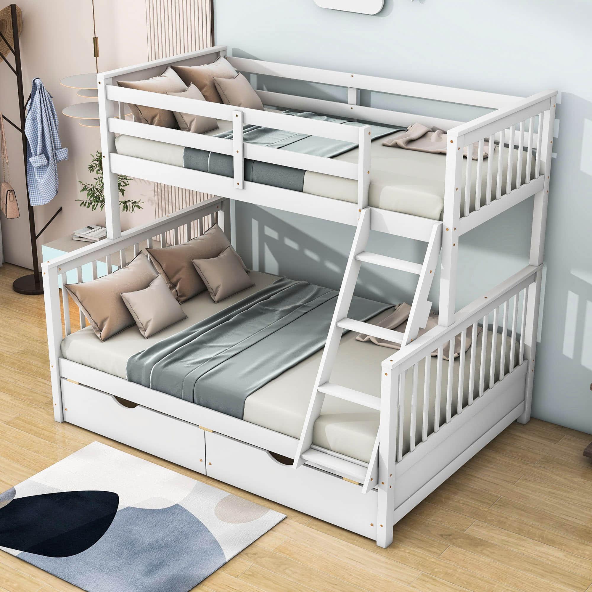 Wooden Classic Twin Over Full Bunk Bed with Ladder and Storage Drawers