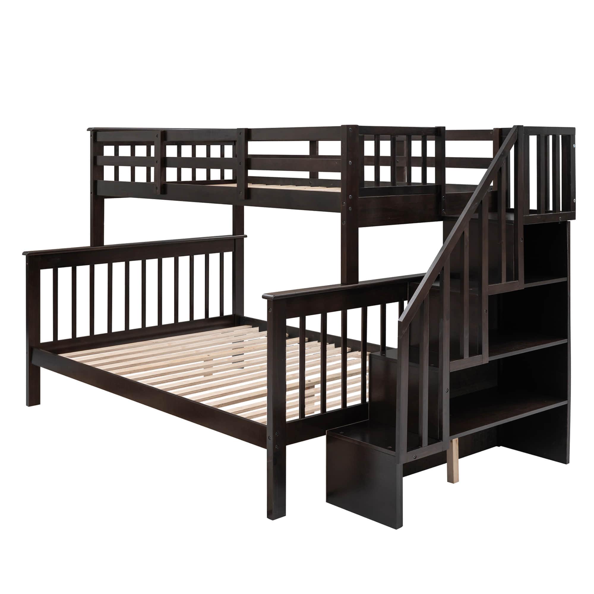 Wood Twin Over Full Bunk Bed with Storage and Stairs - [Shelves, Classic]