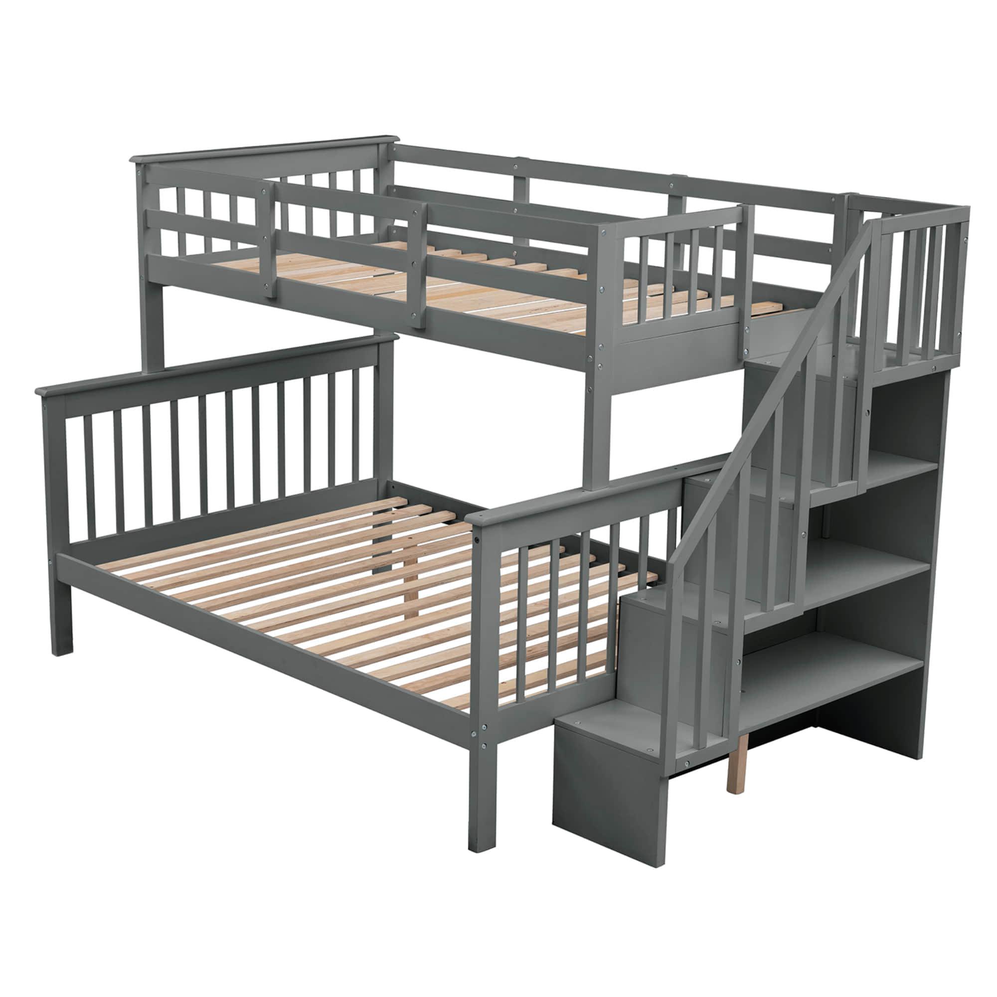 Wood Twin Over Full Bunk Bed with Storage and Stairs - [Shelves, Classic]