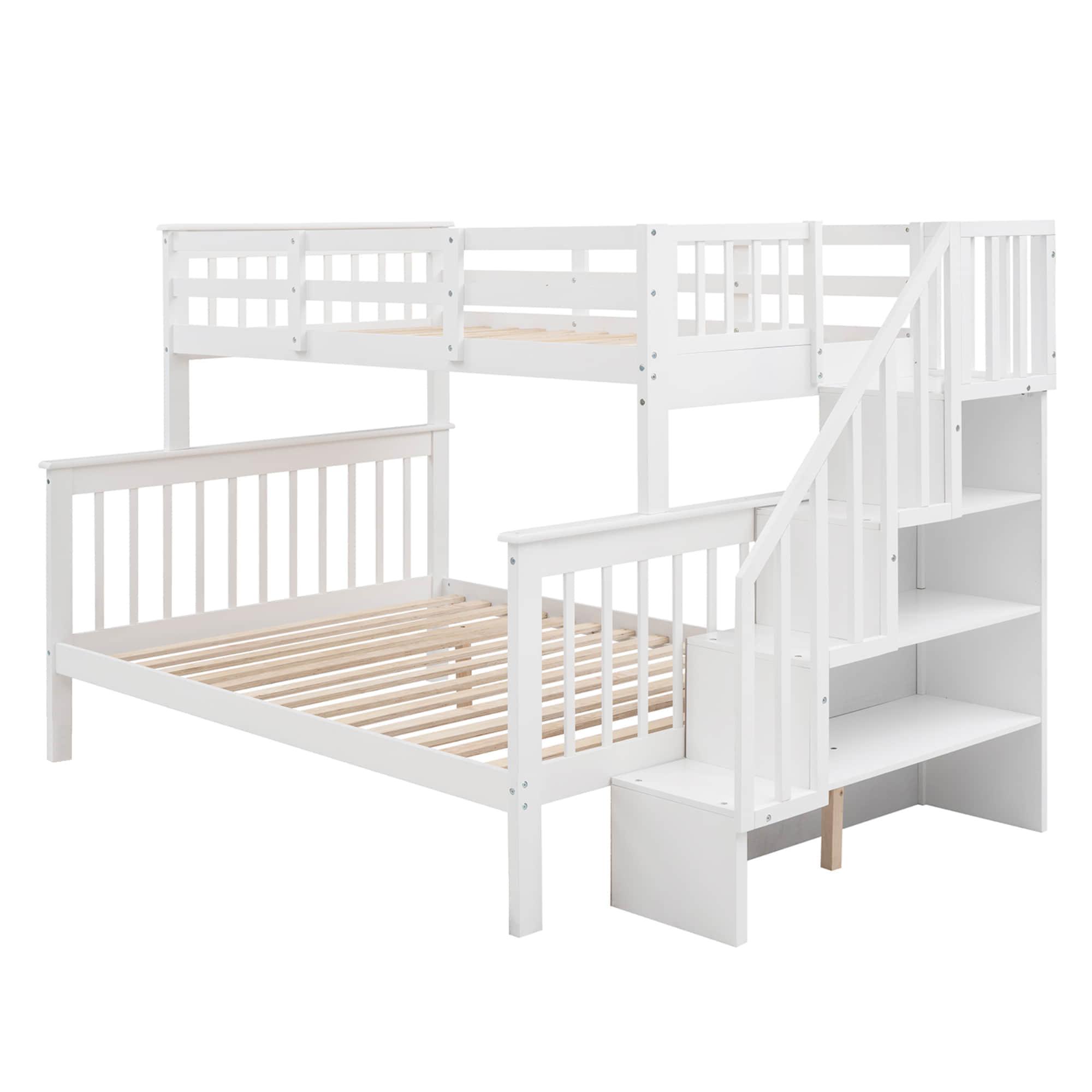 Wood Twin Over Full Bunk Bed with Storage and Stairs - [Shelves, Classic]