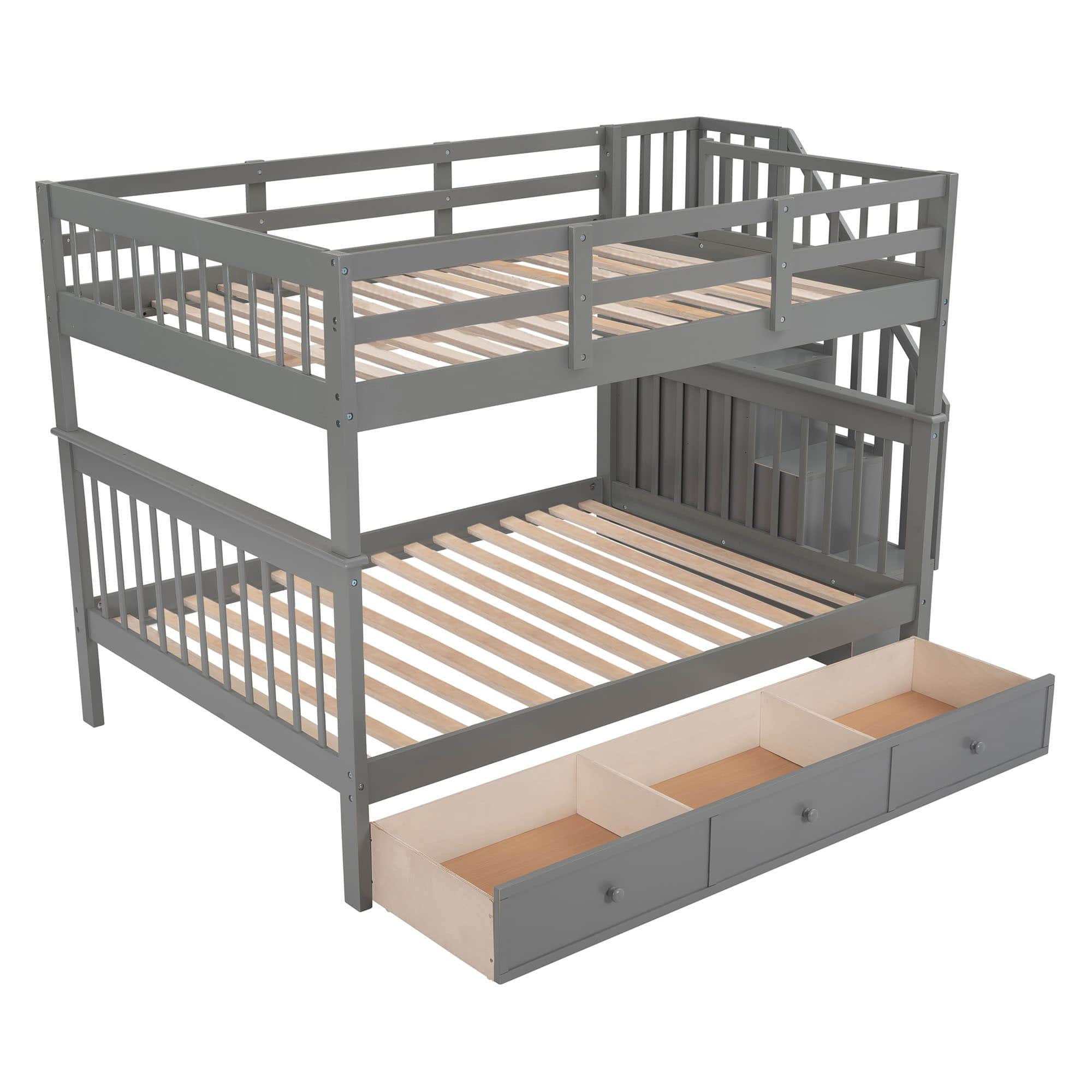 Wood Full Over Full Bunk Bed with Storage and Stairs - [Drawers, Shelves, Class]