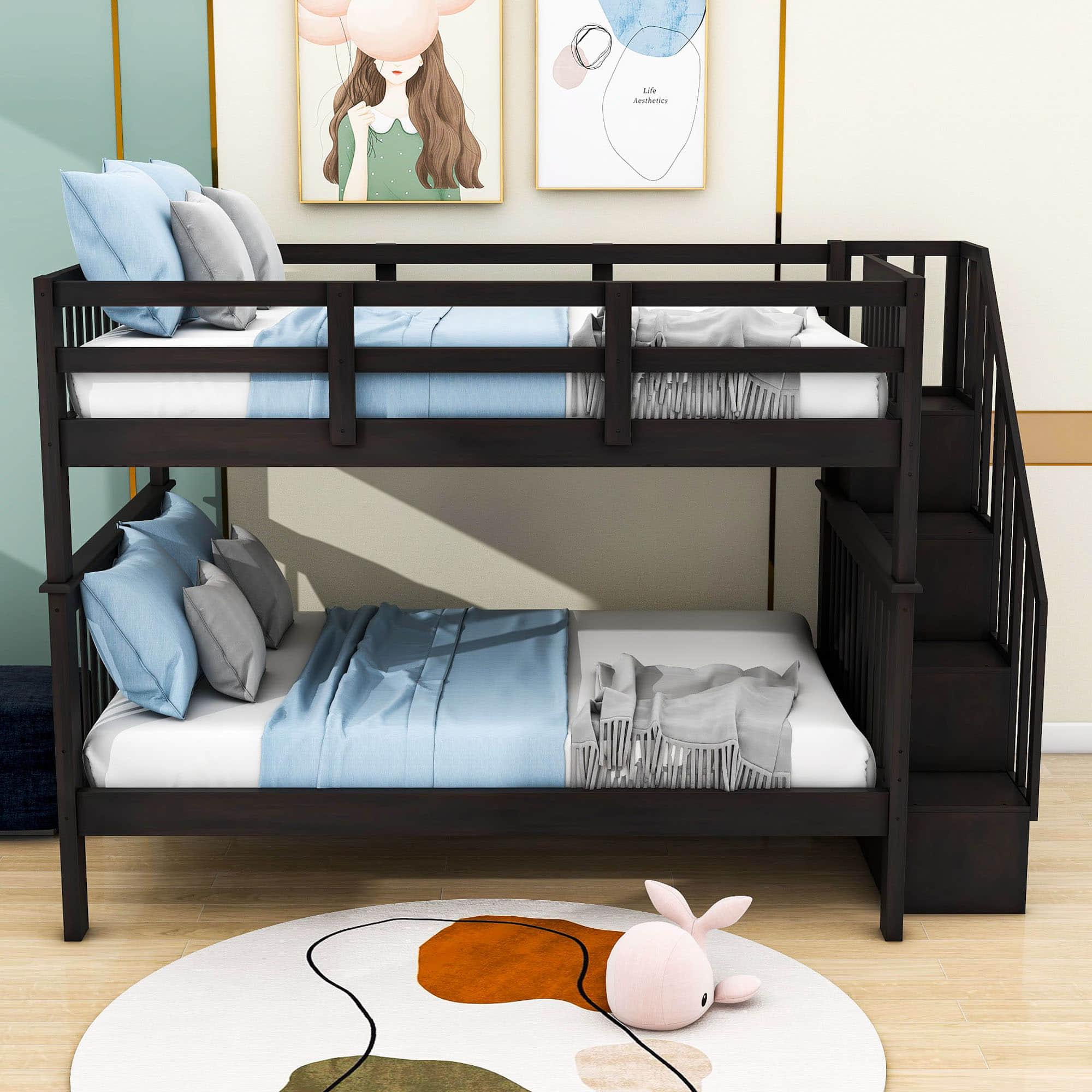 Wooden Full Over Full Bunk Beds with Storage and Stairs - [Detachable]