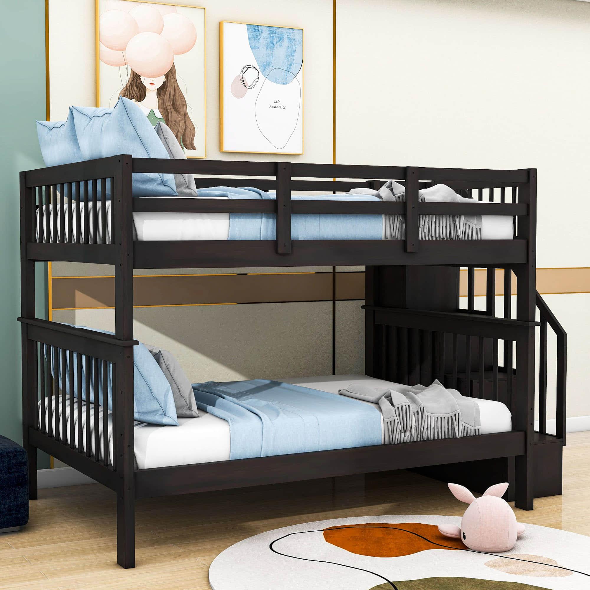 Wooden Full Over Full Bunk Beds with Storage and Stairs - [Detachable]