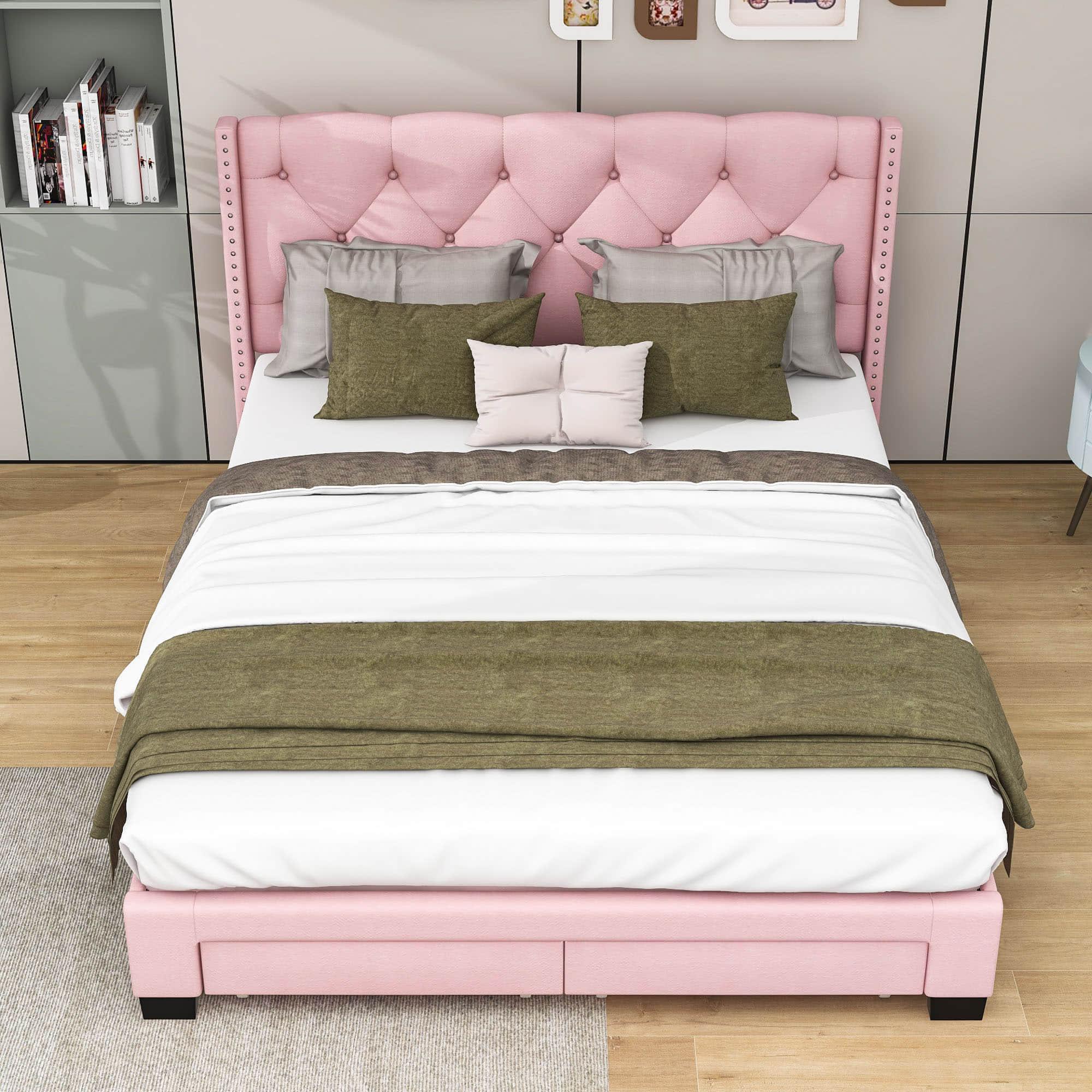 Queen Pink Upholstered Storage Bed Frame with Headboard, Drawers