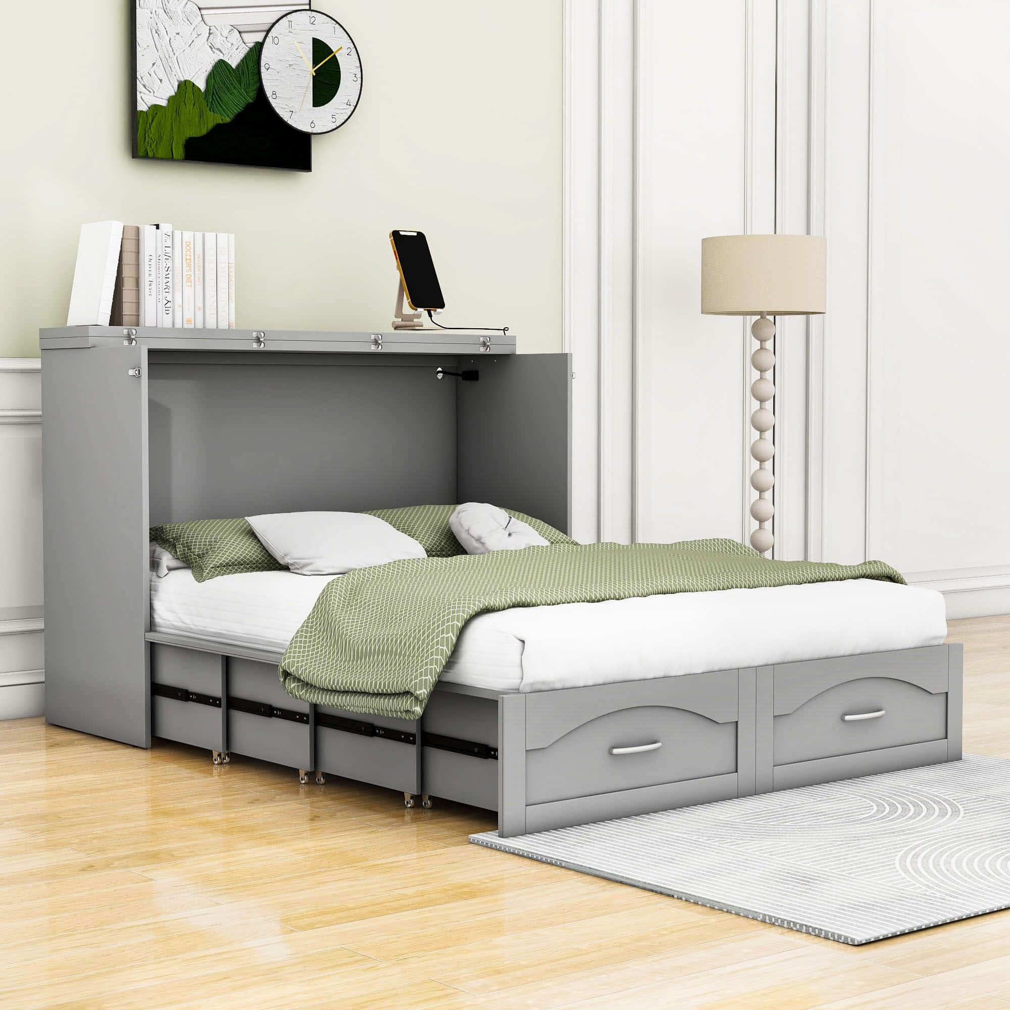 Full Murphy Bed Wall Bed with Storage Drawer and Sockets & USB Ports