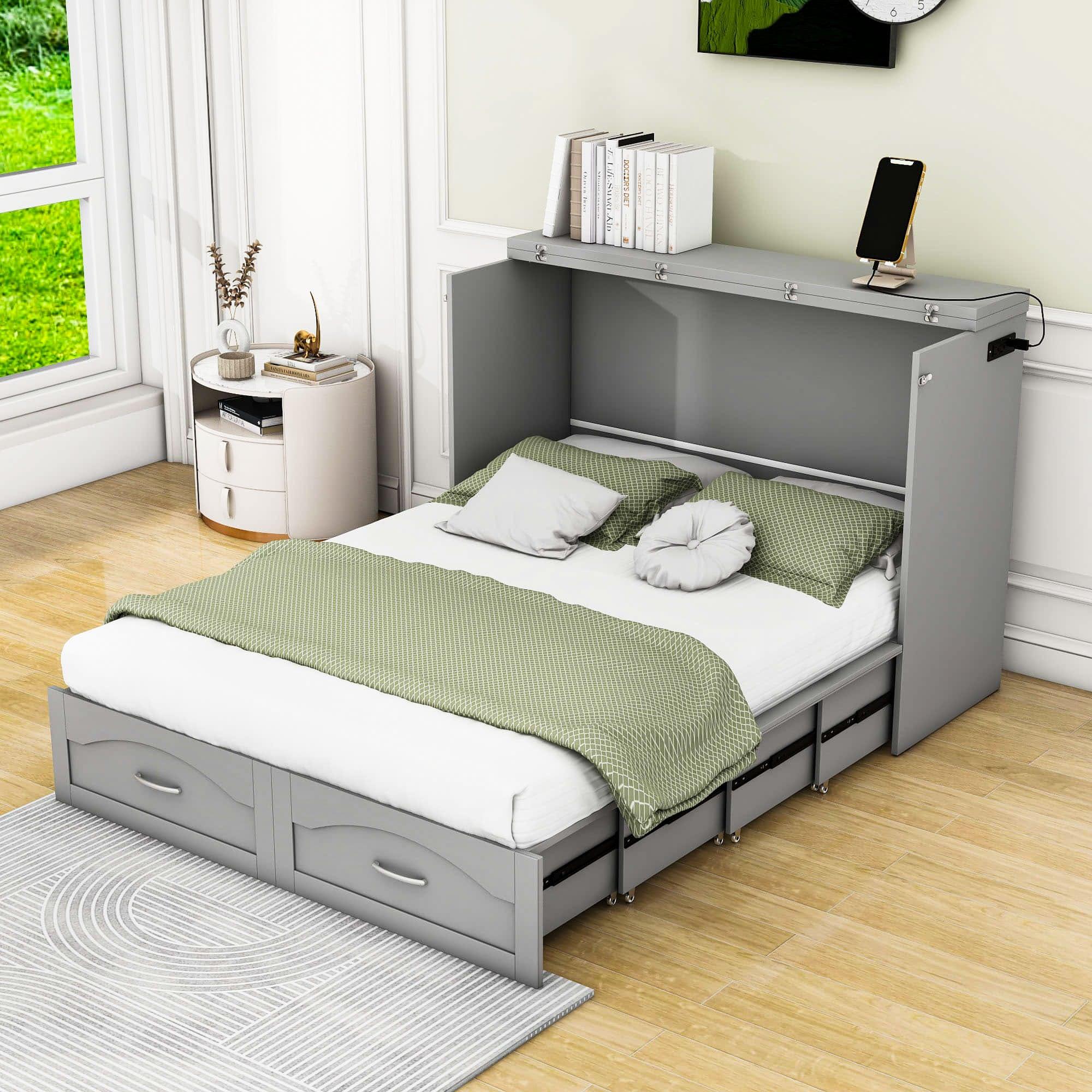 Full Murphy Bed Wall Bed with Storage Drawer and Sockets & USB Ports