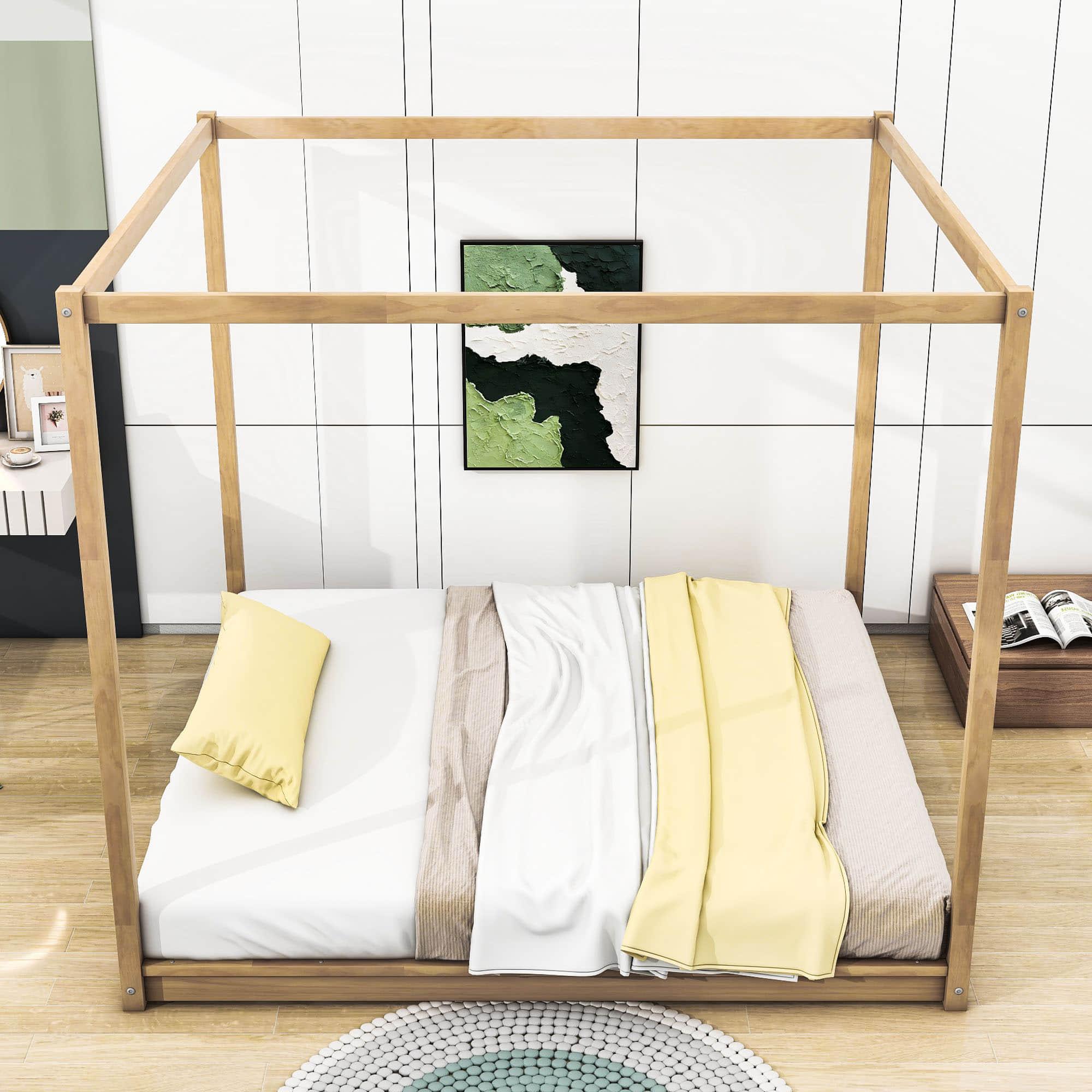 Modern Wood King Size Canopy Floor Bed Frame for Adults