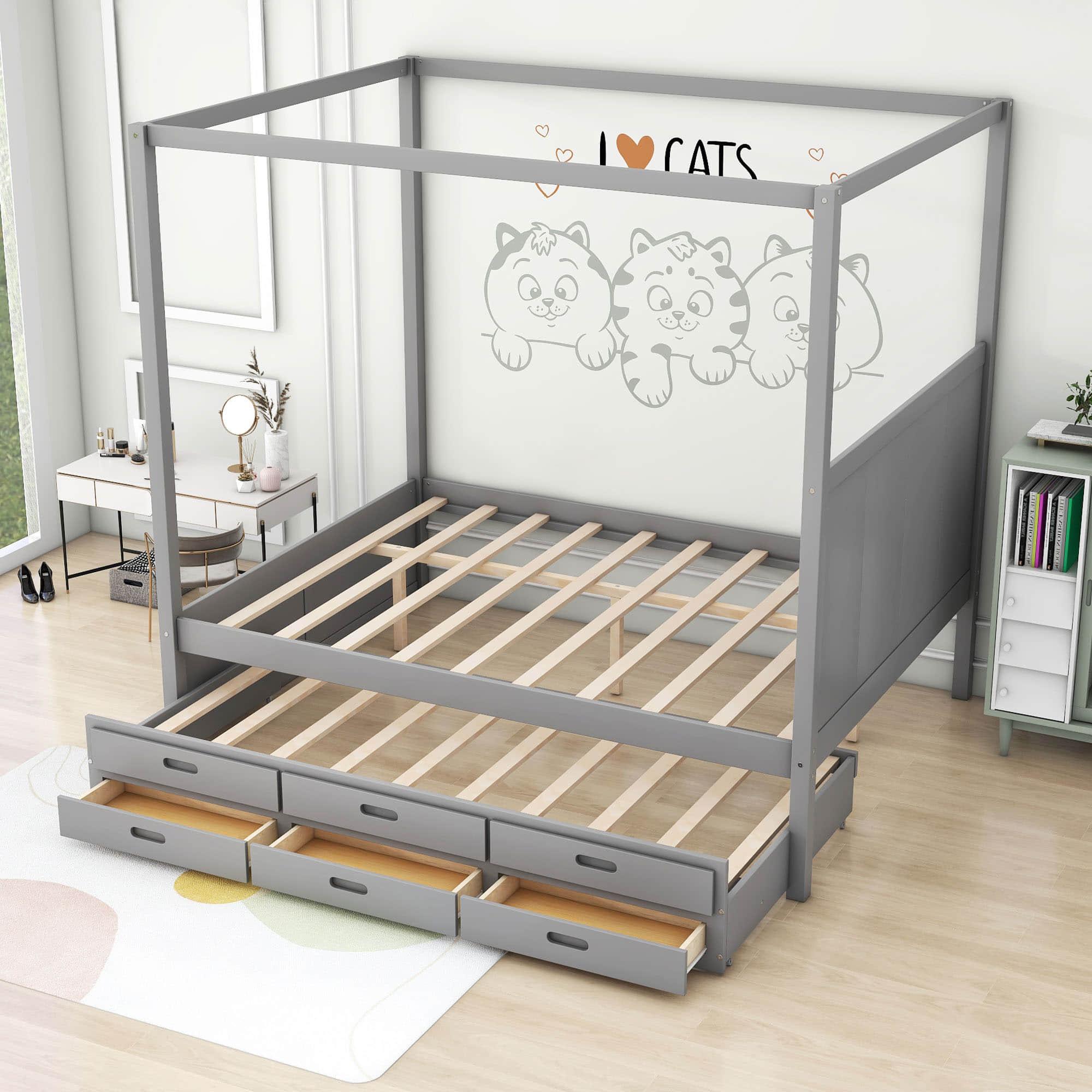 Queen Size Captain's Canopy Bed with Twin Trundle Bed and Storage - [Wooden, Drawers]