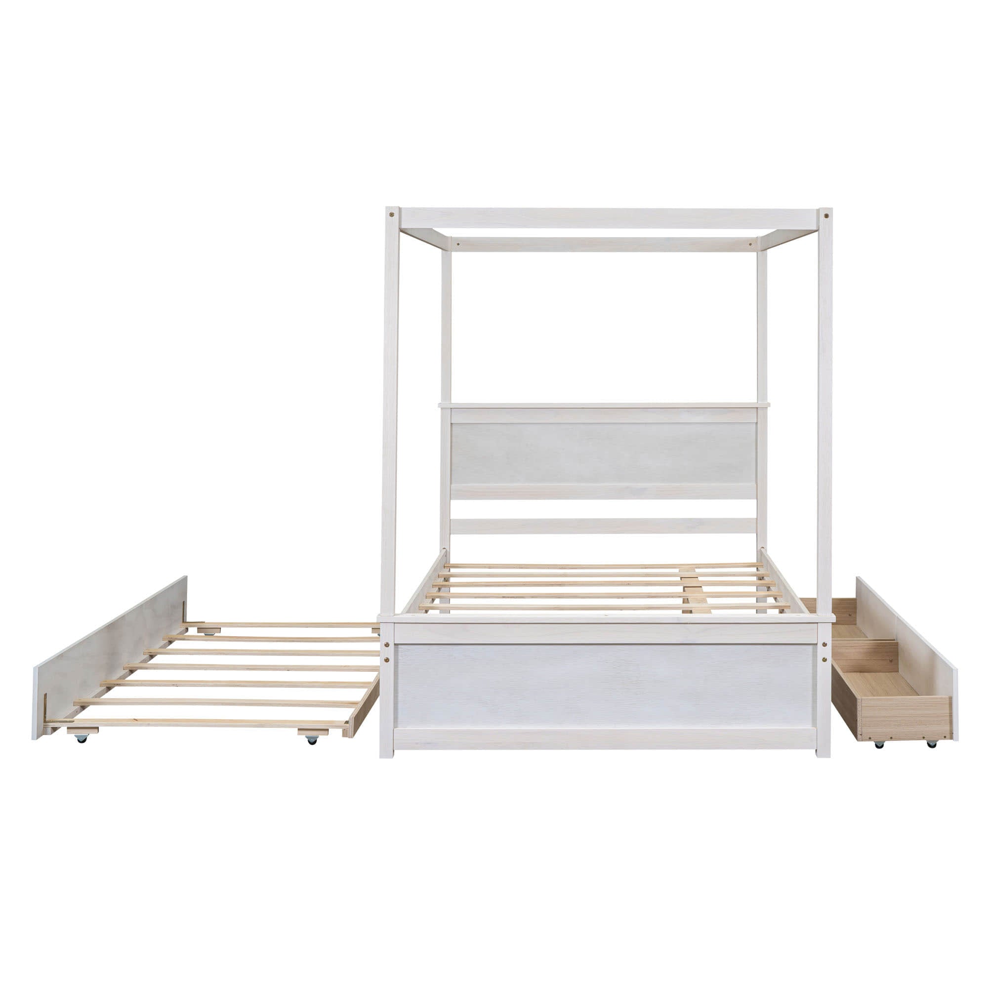 Full Size Wood Canopy Bed Frame with Twin Trundle Bed and Storage