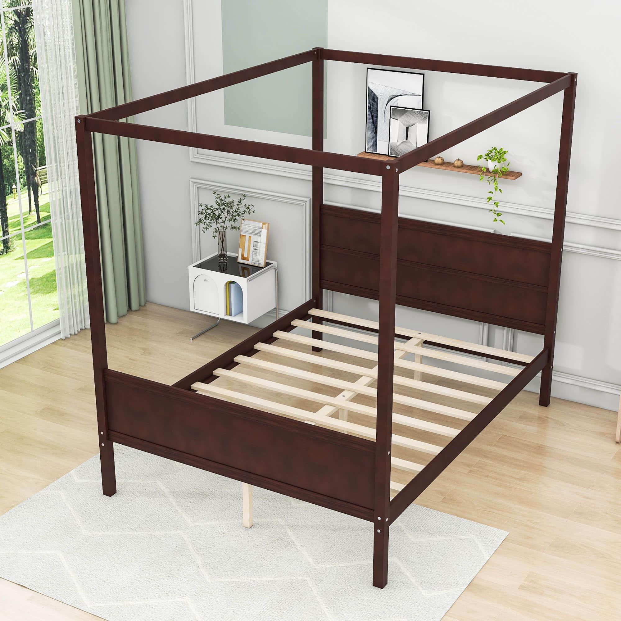 Wood Queen Platform Modern Canopy Bed Frame with Headboard and Footboard