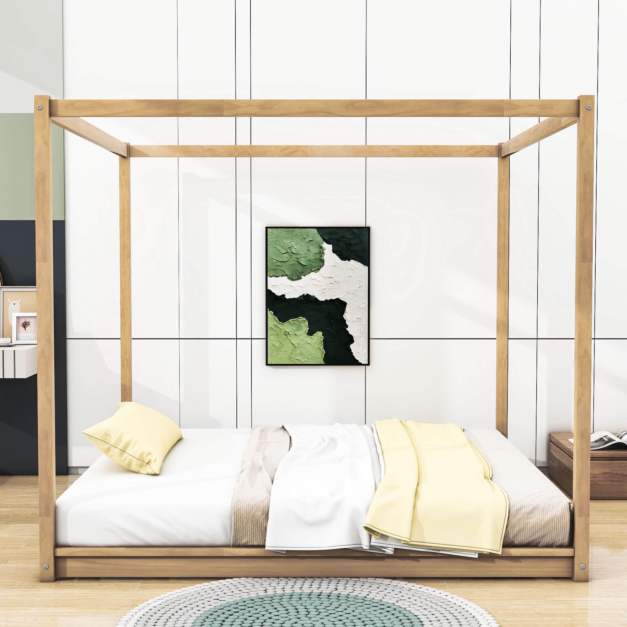 Modern Wood King Size Canopy Floor Bed Frame for Adults