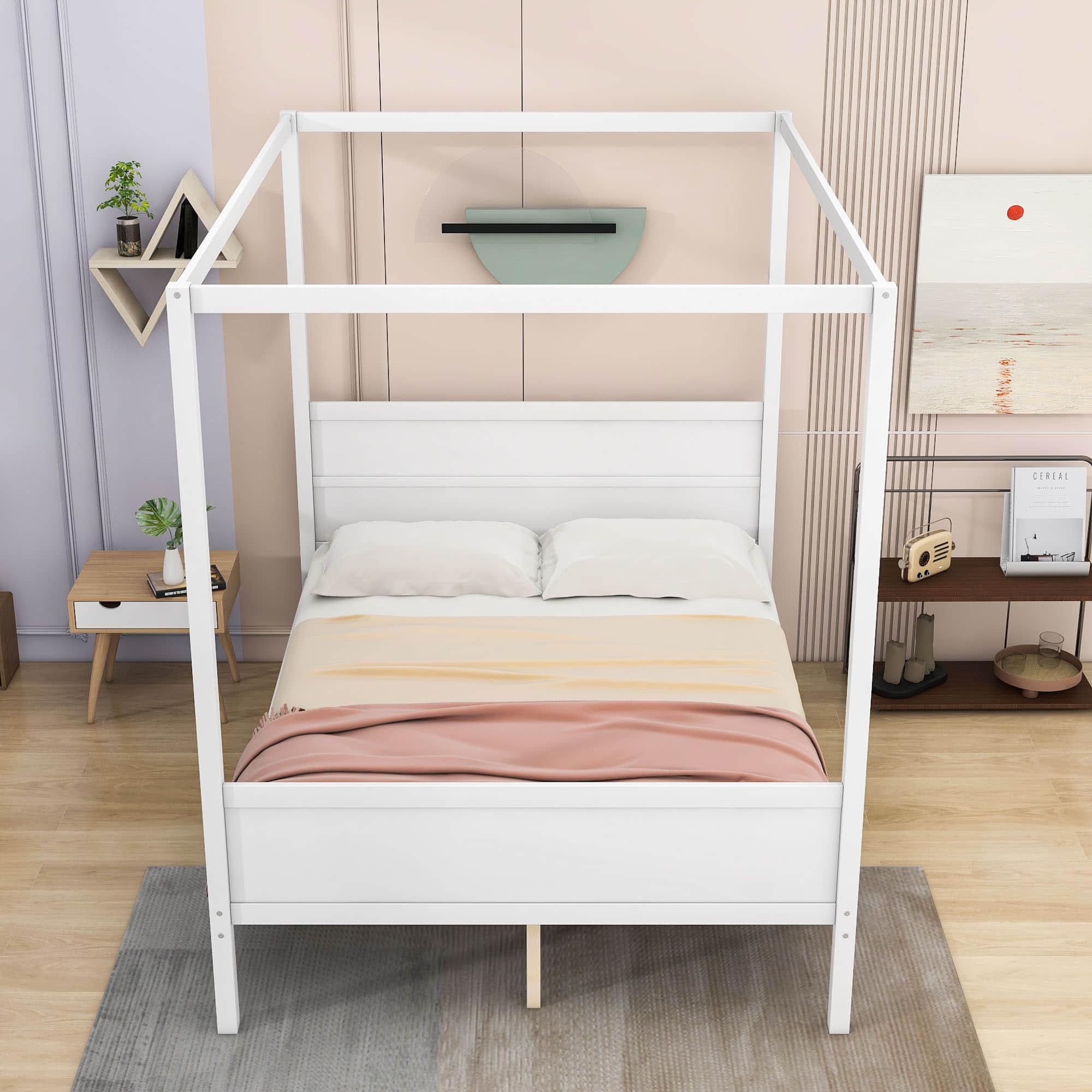 Wood Queen Platform Modern Canopy Bed Frame with Headboard and Footboard