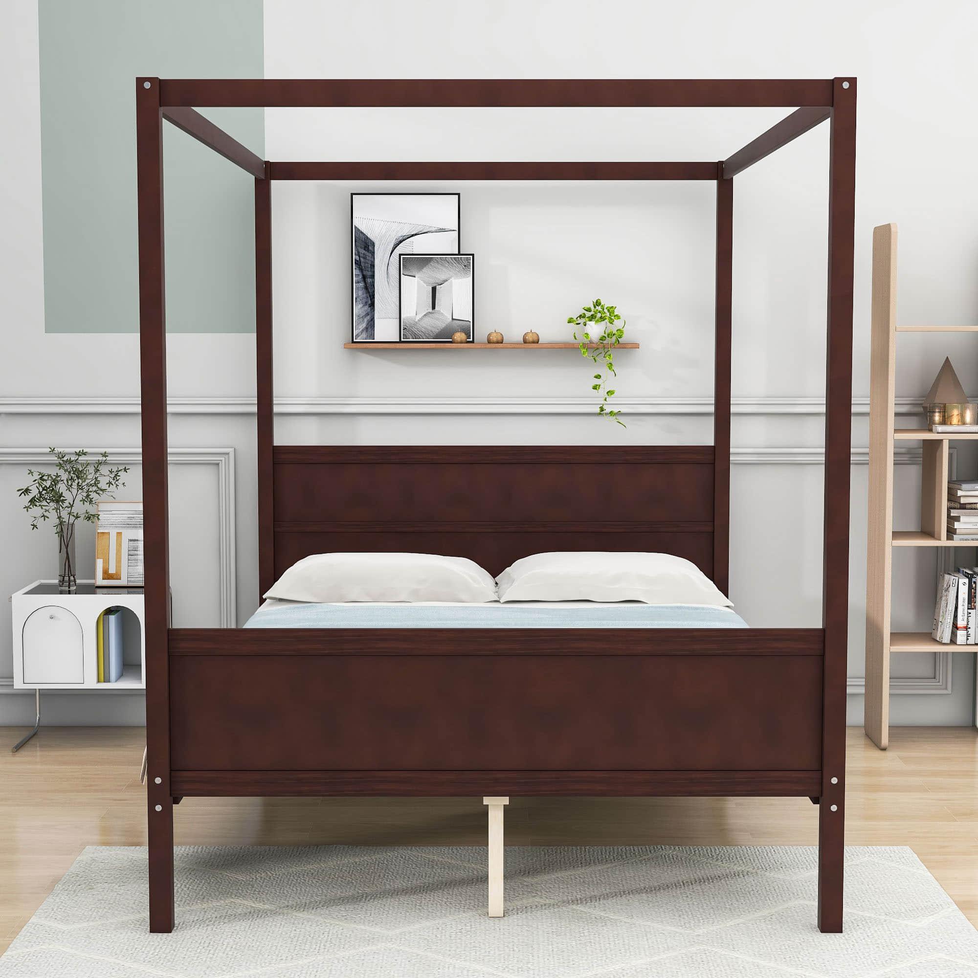 Wood Queen Platform Modern Canopy Bed Frame with Headboard and Footboard