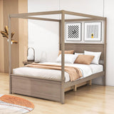 Full Size Canopy Bed with Twin Trundle and Headboard - [Wood, Four-poster]