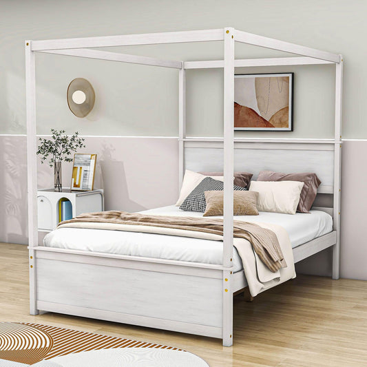 Full Size Canopy Bed with Twin Trundle and Headboard - [Wood, Four-poster]