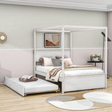 Full Size Canopy Bed with Twin Trundle and Headboard - [Wood, Four-poster]