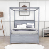 Full Size Canopy Bed with Twin Trundle and Headboard - [Wood, Four-poster]