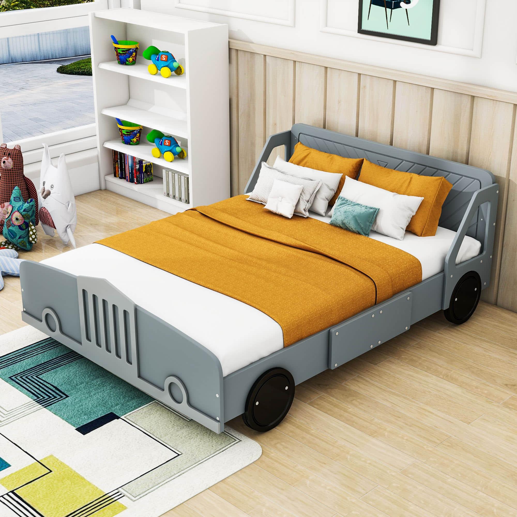 Wooden Full Size Car Bed Frame for Boys and Girls with Wheels