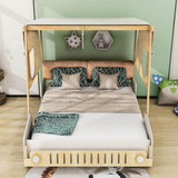 Wood Full Size Car Bed Frame with LED Lights and Canopy for Boys