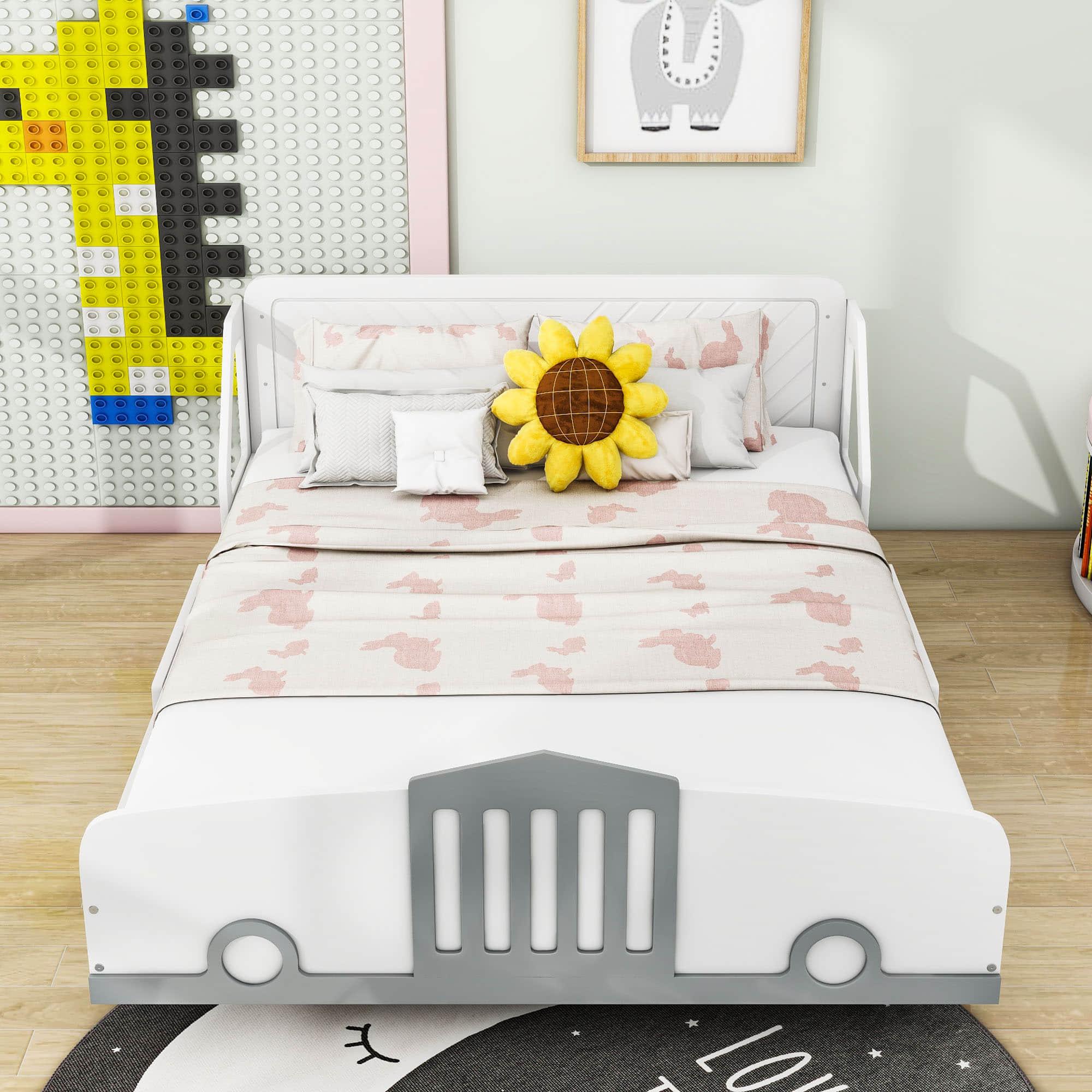 Wooden Full Size Car Bed Frame for Boys and Girls with Wheels