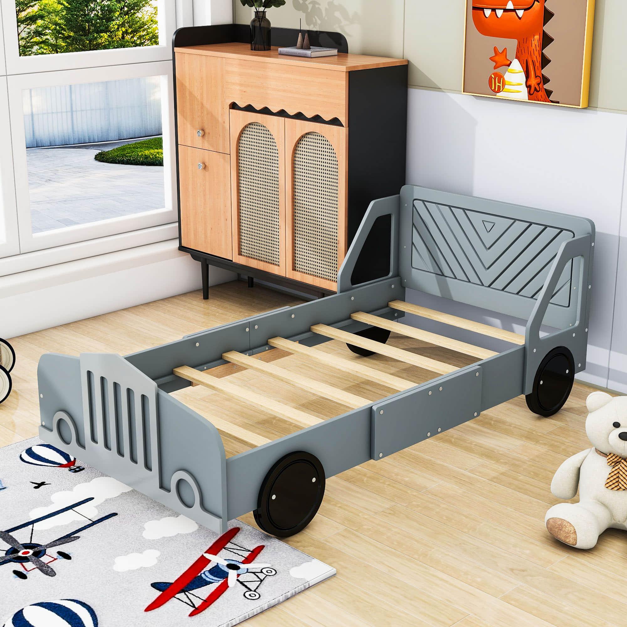 Wooden Car Twin Bed Frame for Boys and Girls with Wheels