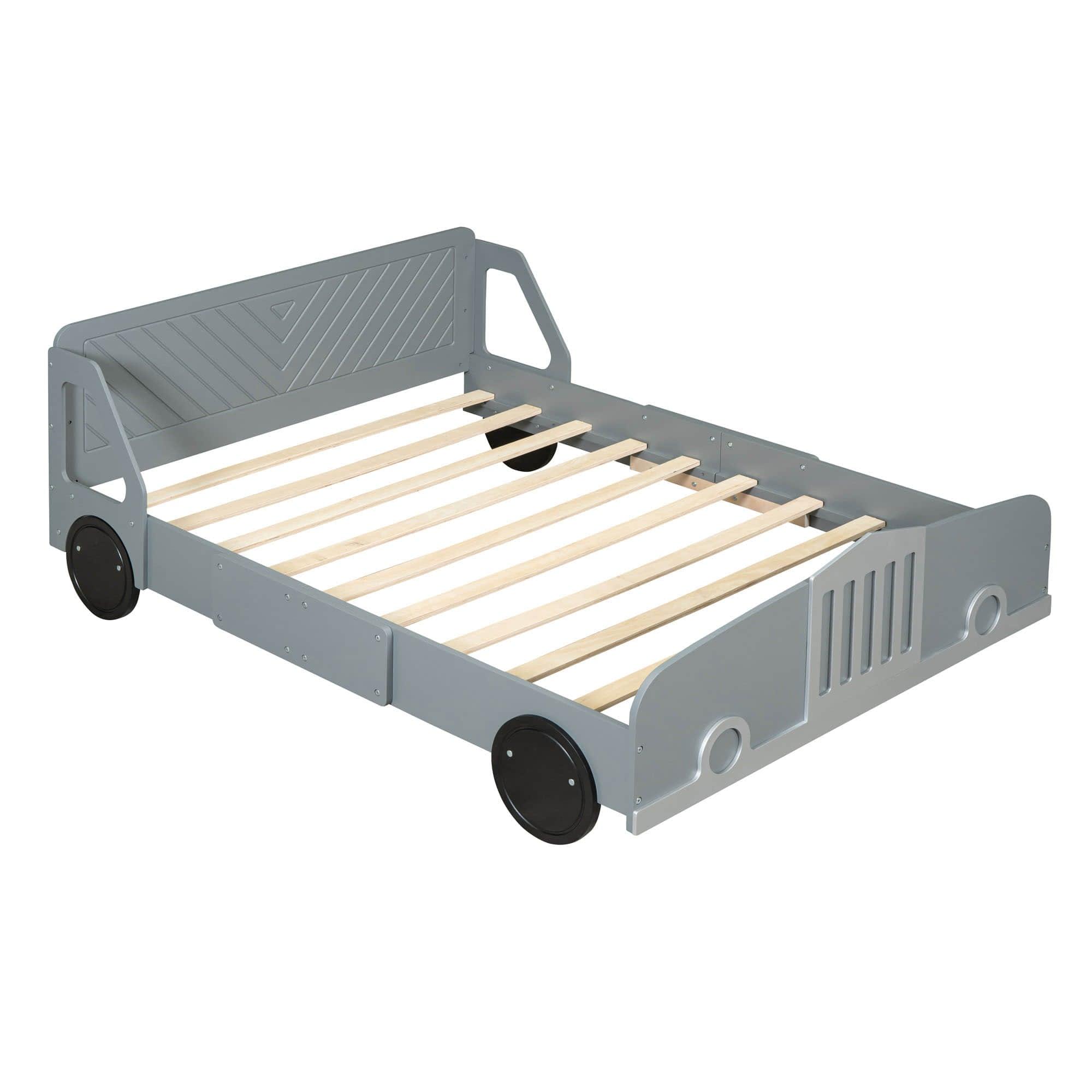 Wooden Full Size Car Bed Frame for Boys and Girls with Wheels