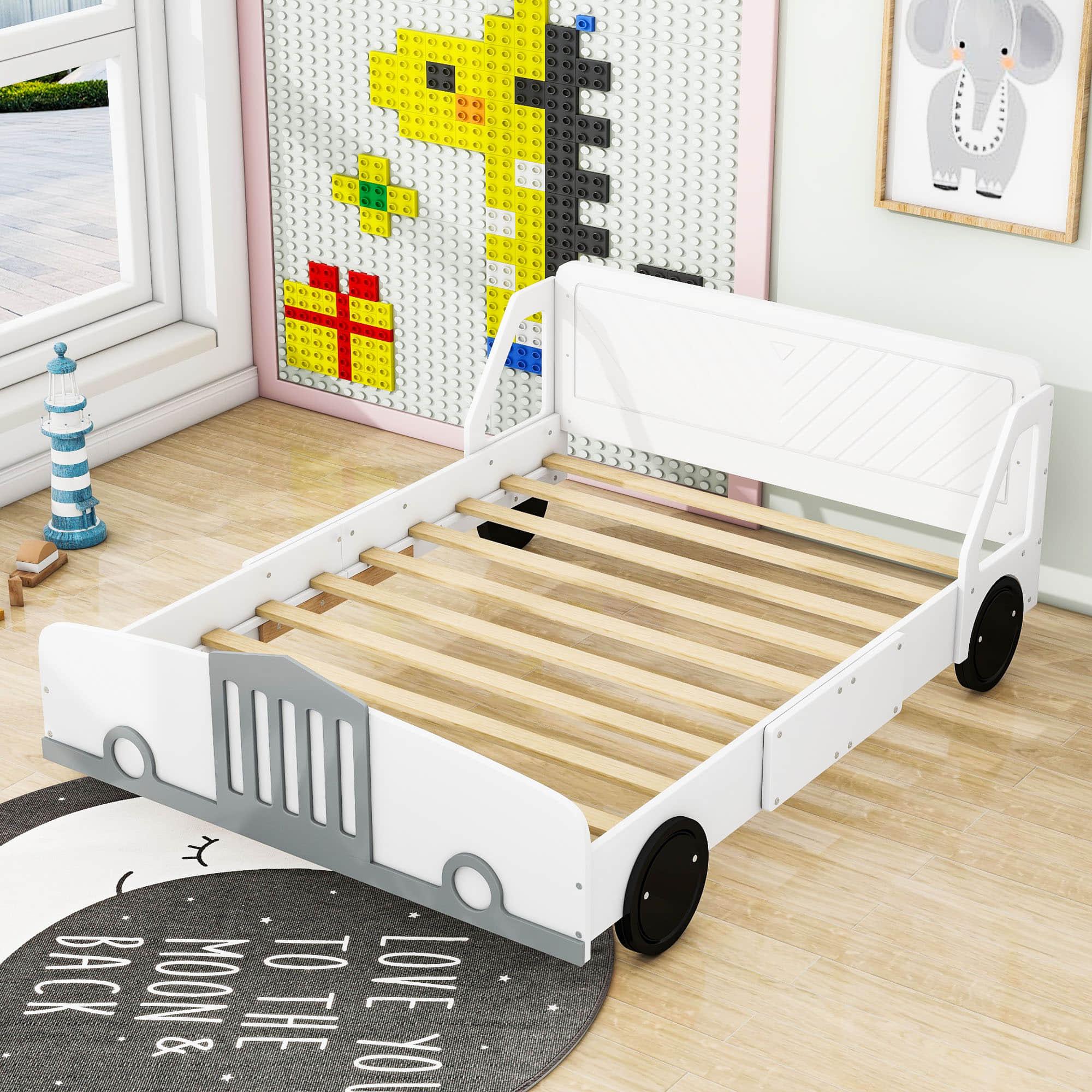 Wooden Full Size Car Bed Frame for Boys and Girls with Wheels