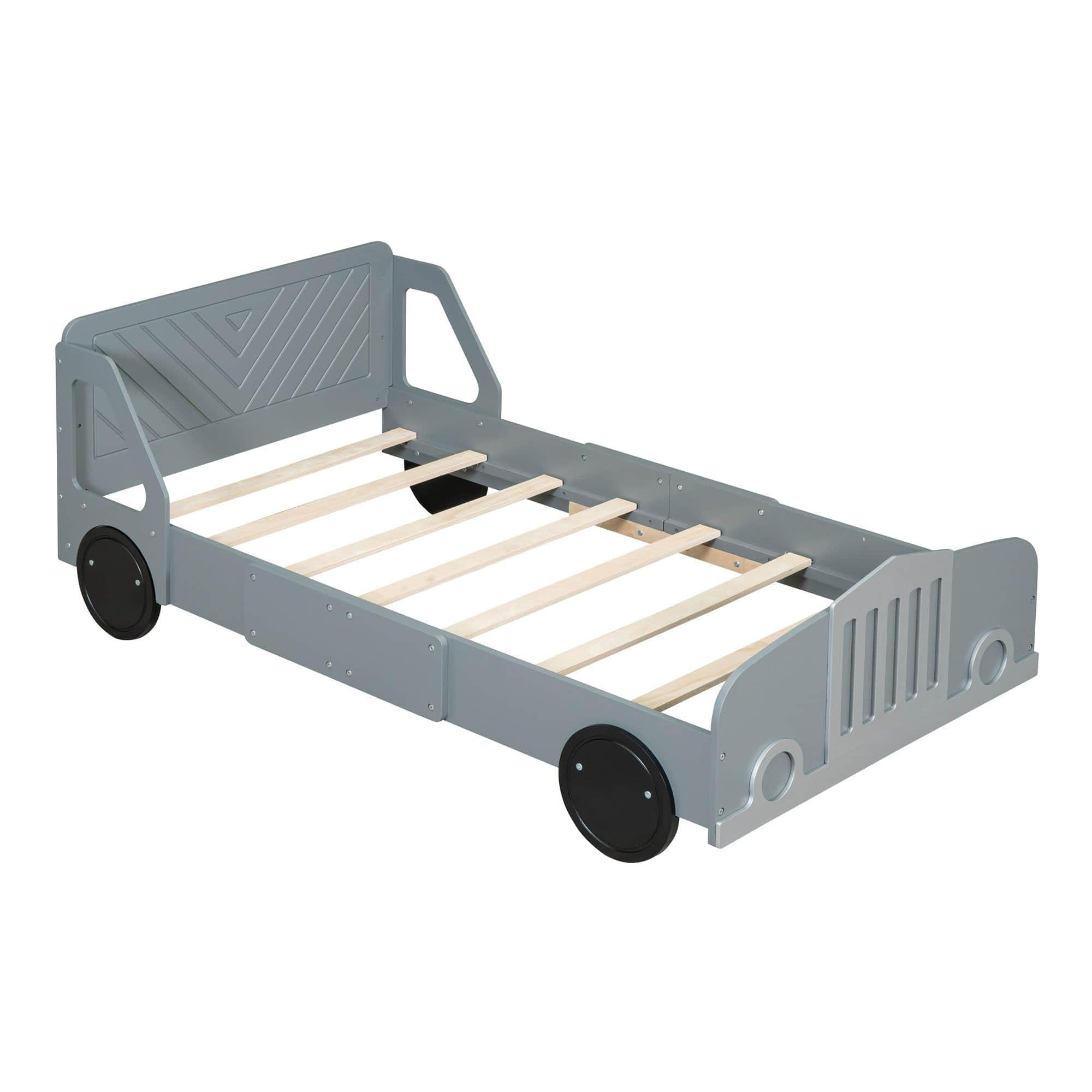 Wooden Car Twin Bed Frame for Boys and Girls with Wheels