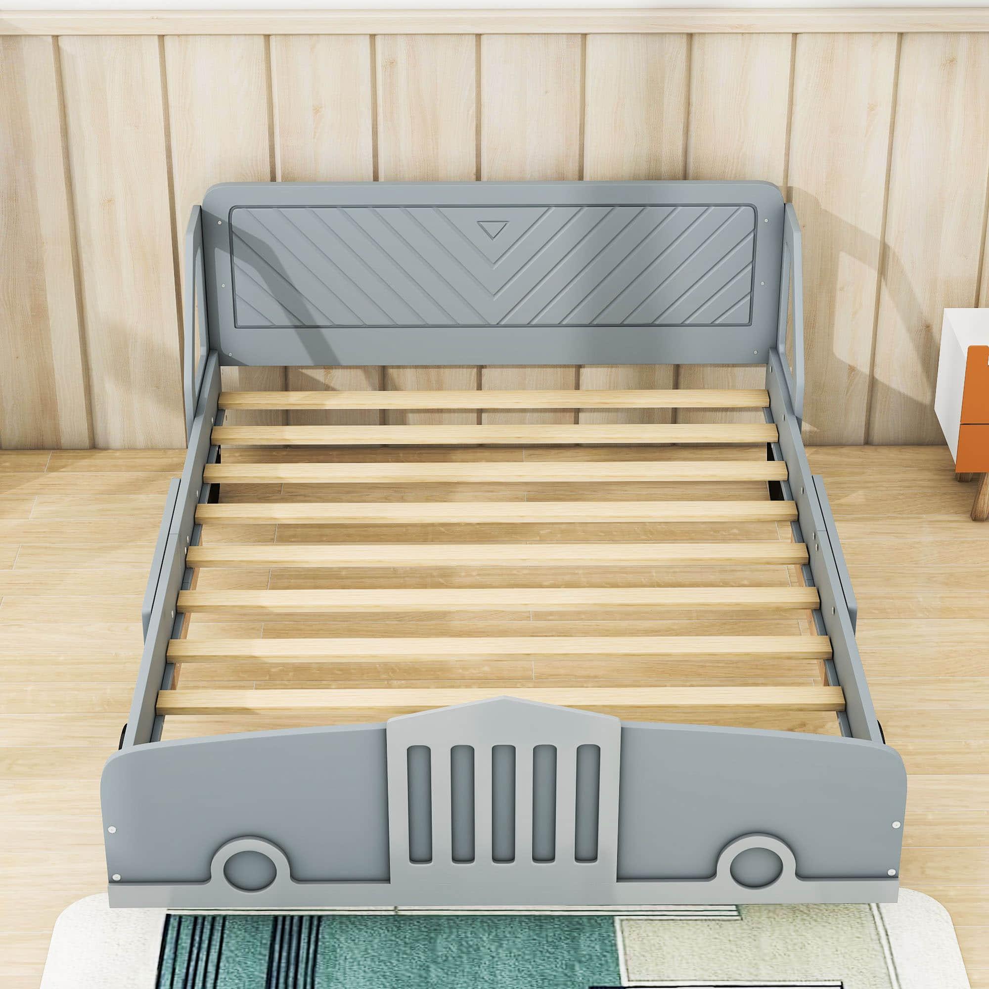 Wooden Full Size Car Bed Frame for Boys and Girls with Wheels