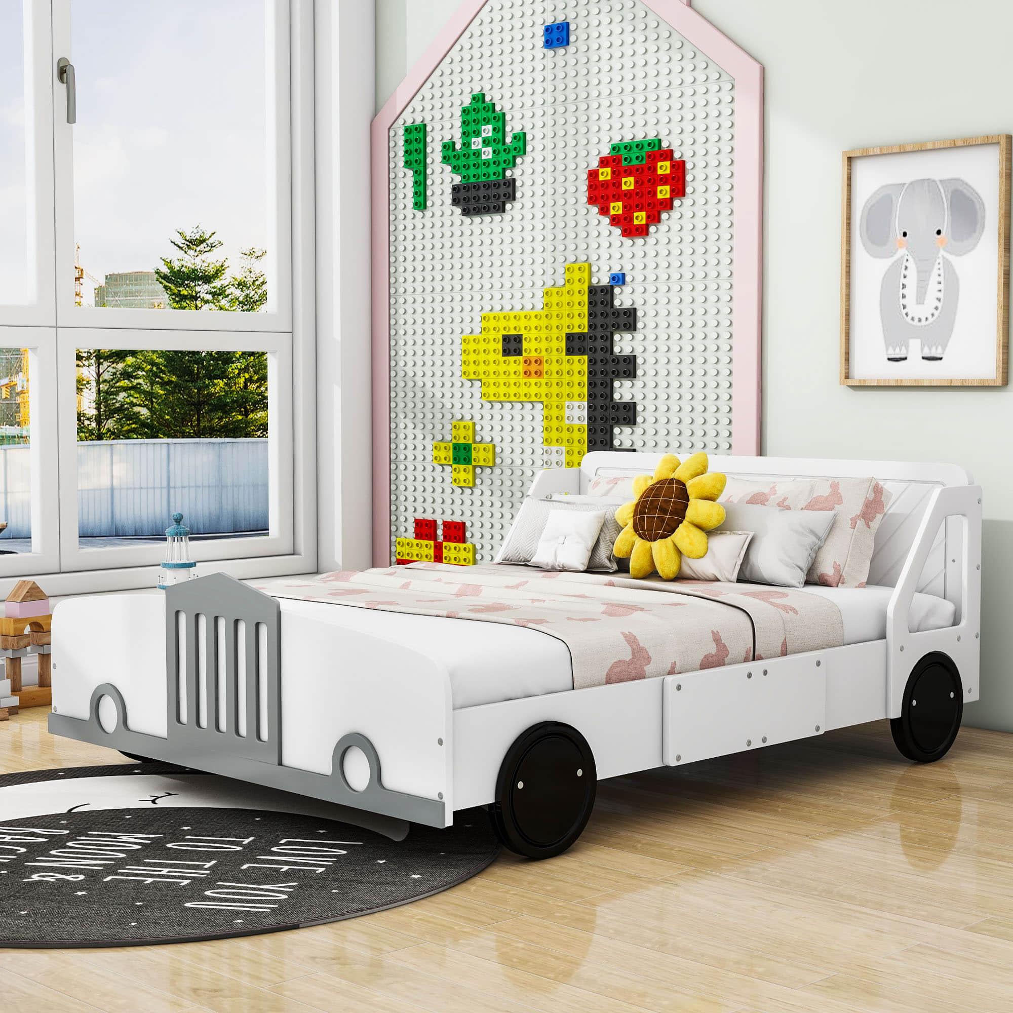 Wooden Full Size Car Bed Frame for Boys and Girls with Wheels