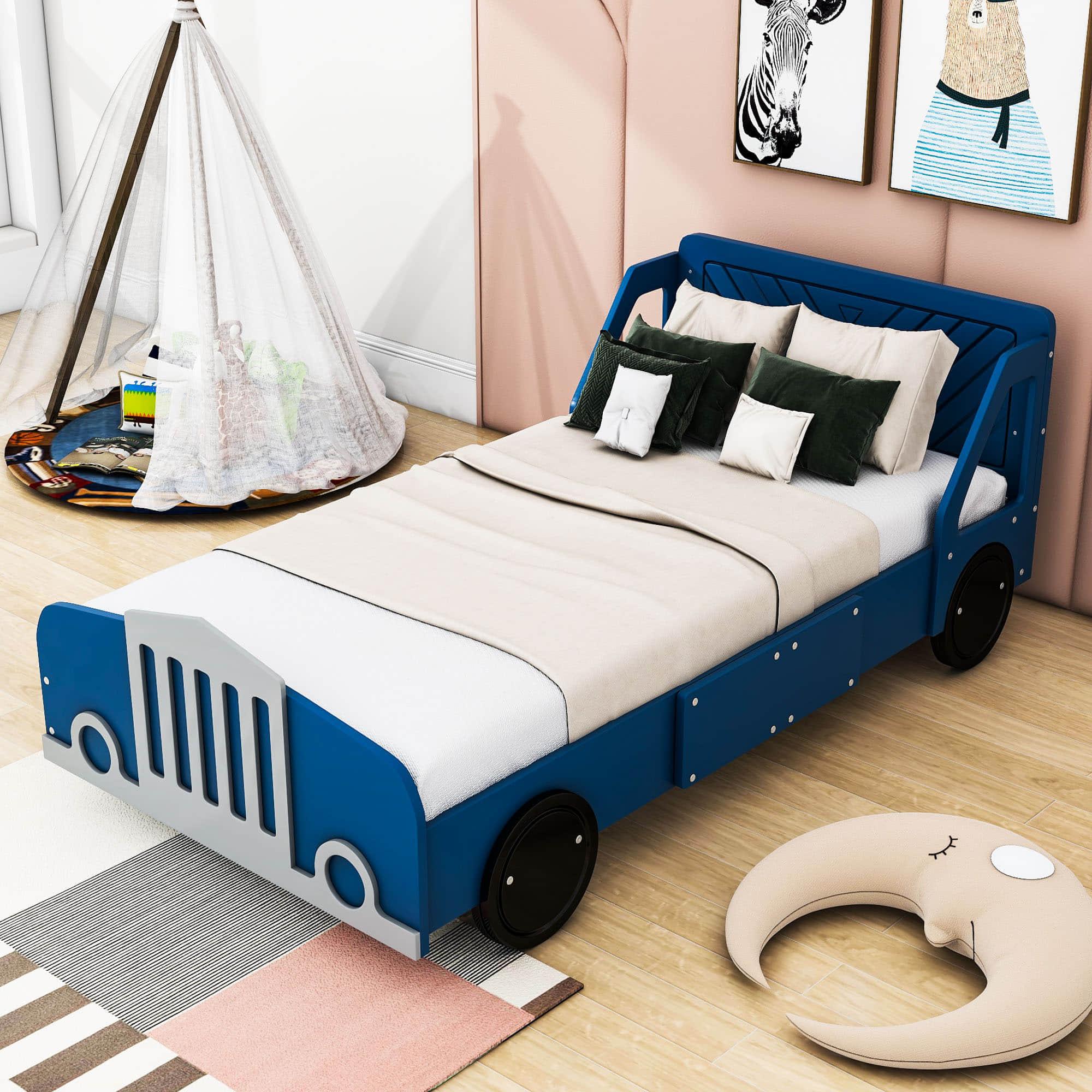 Wooden Car Twin Bed Frame for Boys and Girls with Wheels