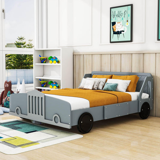 Wooden Full Size Car Bed Frame for Boys and Girls with Wheels