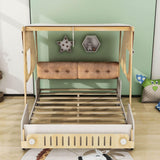 Wood Full Size Car Bed Frame with LED Lights and Canopy for Boys