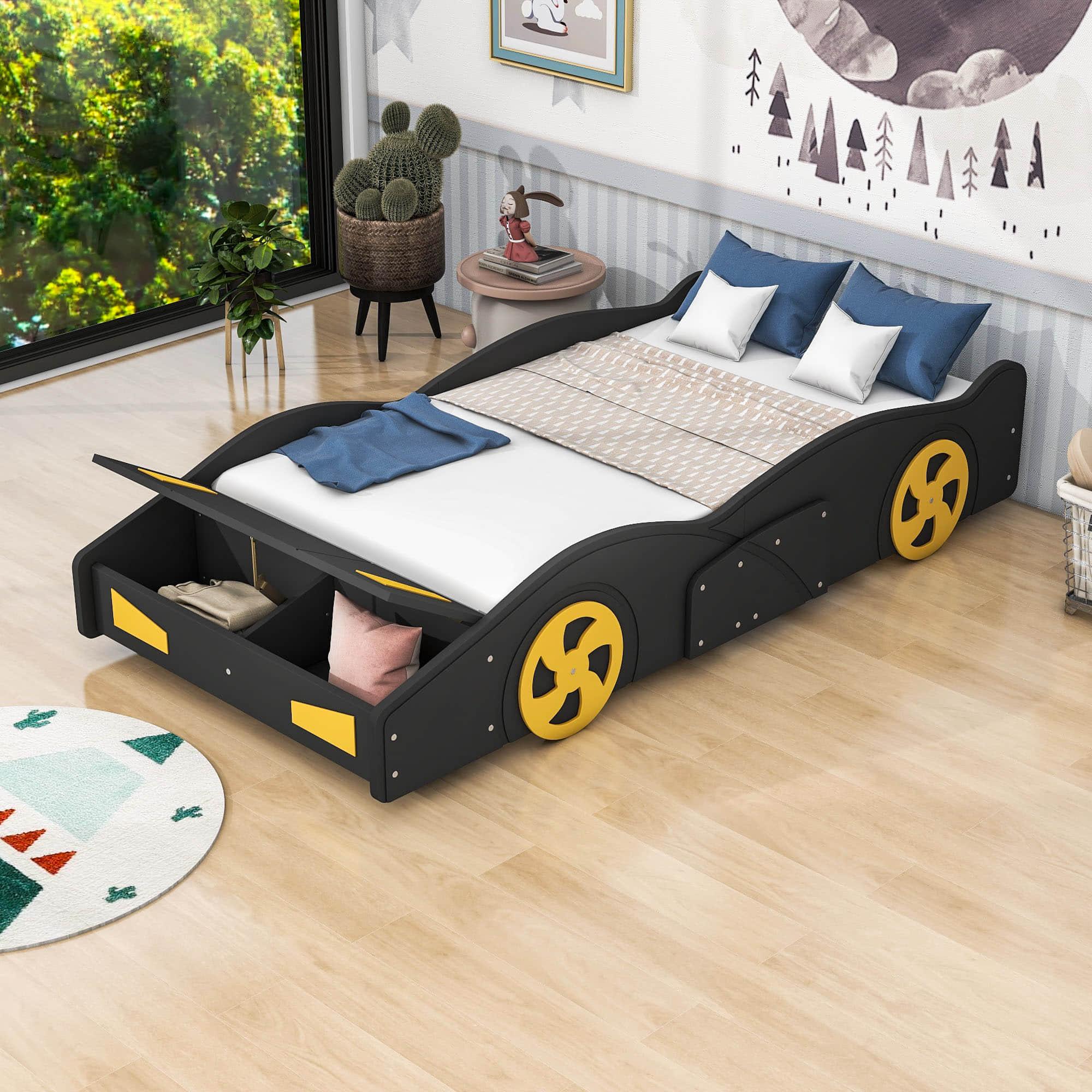 Wood Twin Size Kids Race Car Bed with Storage Box