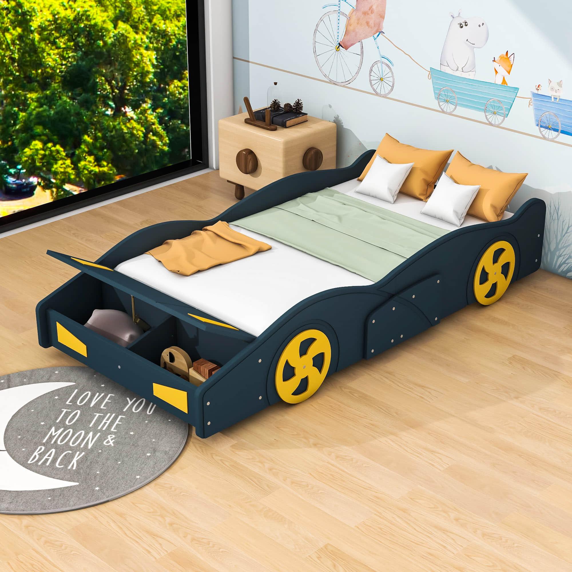 Wood Twin Size Kids Race Car Bed with Storage Box