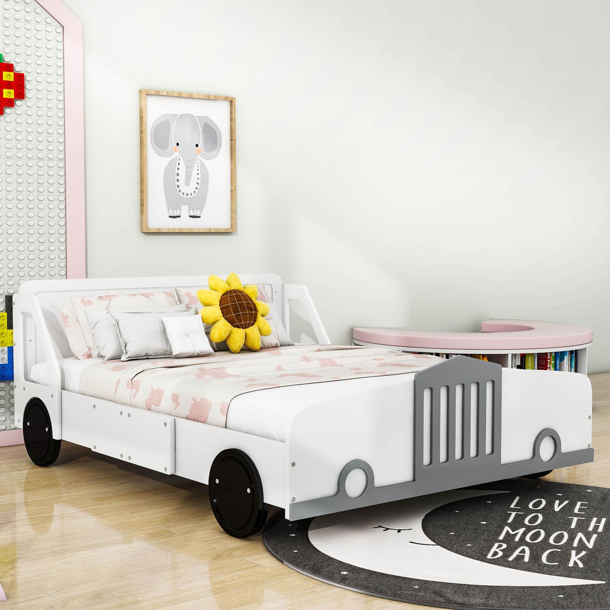 Wooden Full Size Car Bed Frame for Boys and Girls with Wheels