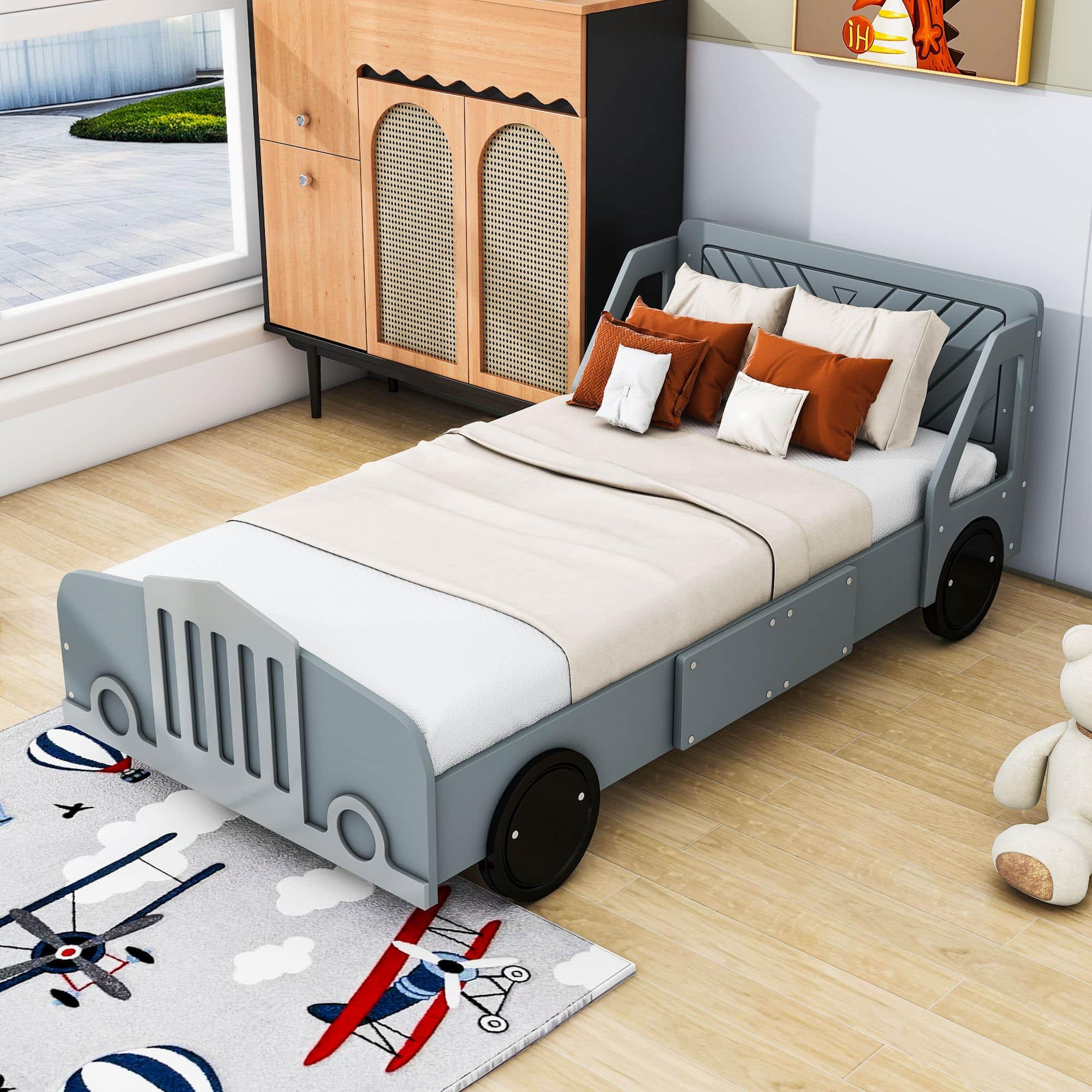 Wooden Car Twin Bed Frame for Boys and Girls with Wheels