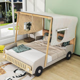 Wood Full Size Car Bed Frame with LED Lights and Canopy for Boys