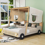 Wood Full Size Car Bed Frame with LED Lights and Canopy for Boys