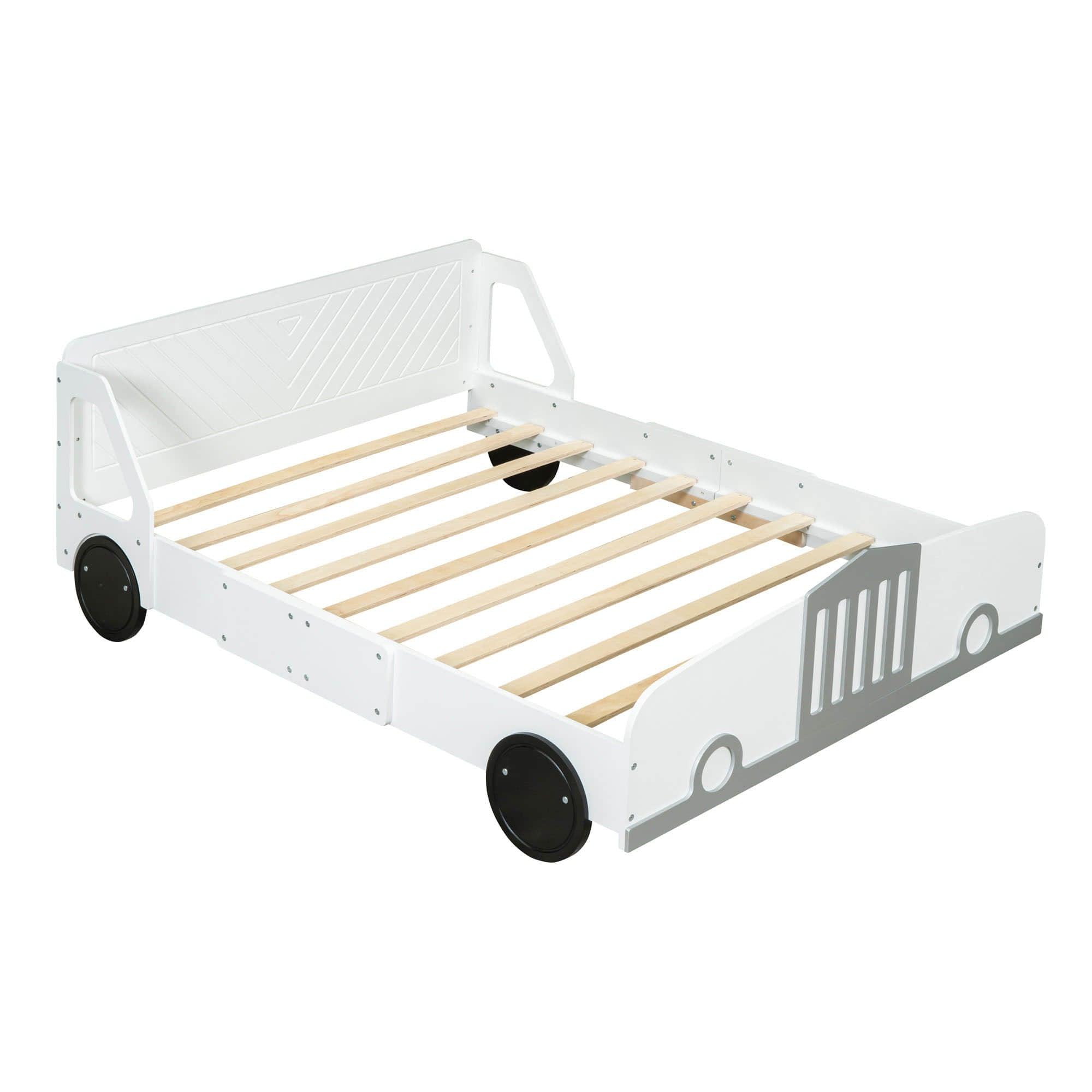 Wooden Full Size Car Bed Frame for Boys and Girls with Wheels