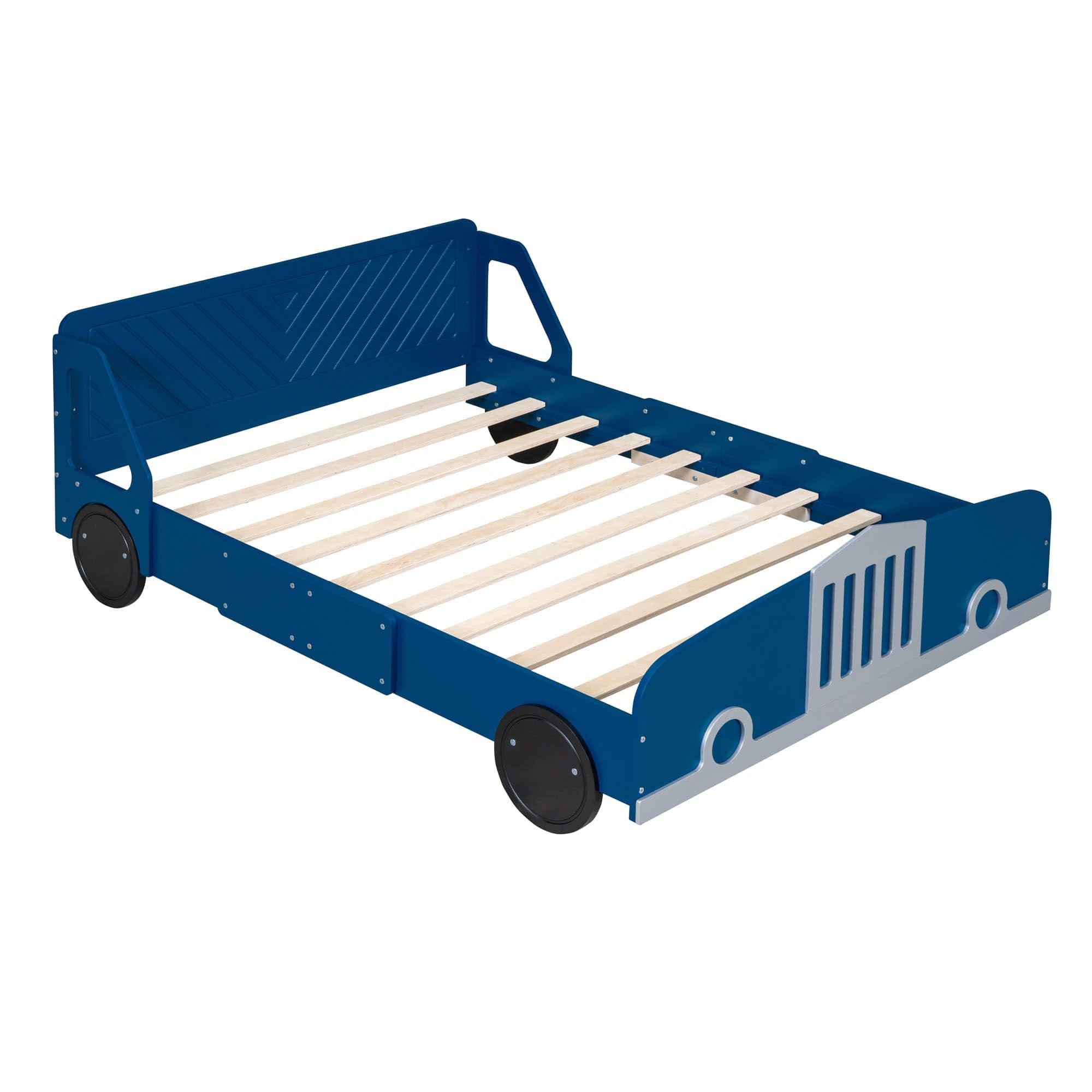 Wooden Full Size Car Bed Frame for Boys and Girls with Wheels